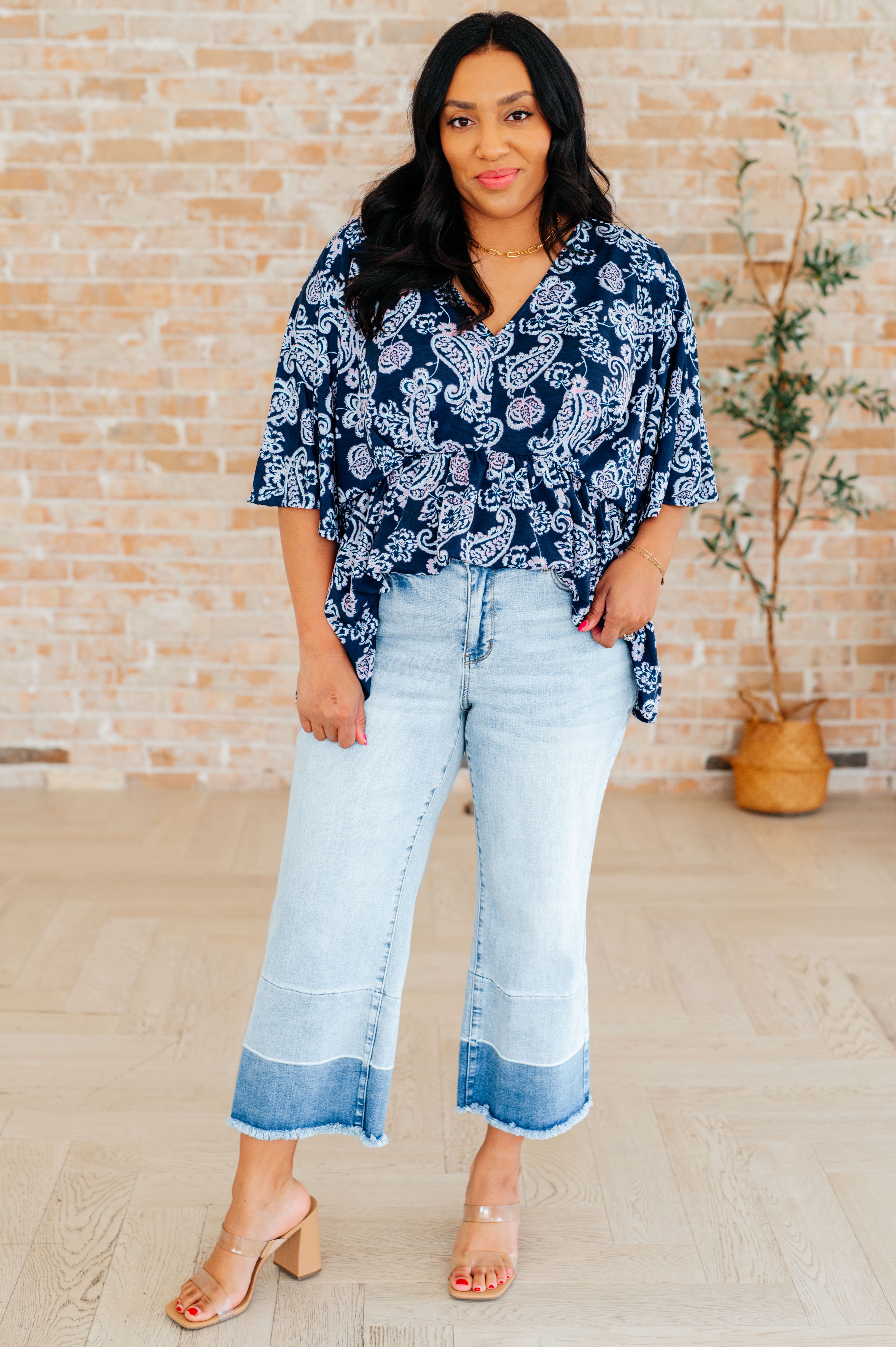 Dear Scarlett Navy and Pink Paisley Dreamer Peplum Top - Women's Floral Print Blouse for Casual Wear, Date Night & Office Outfits