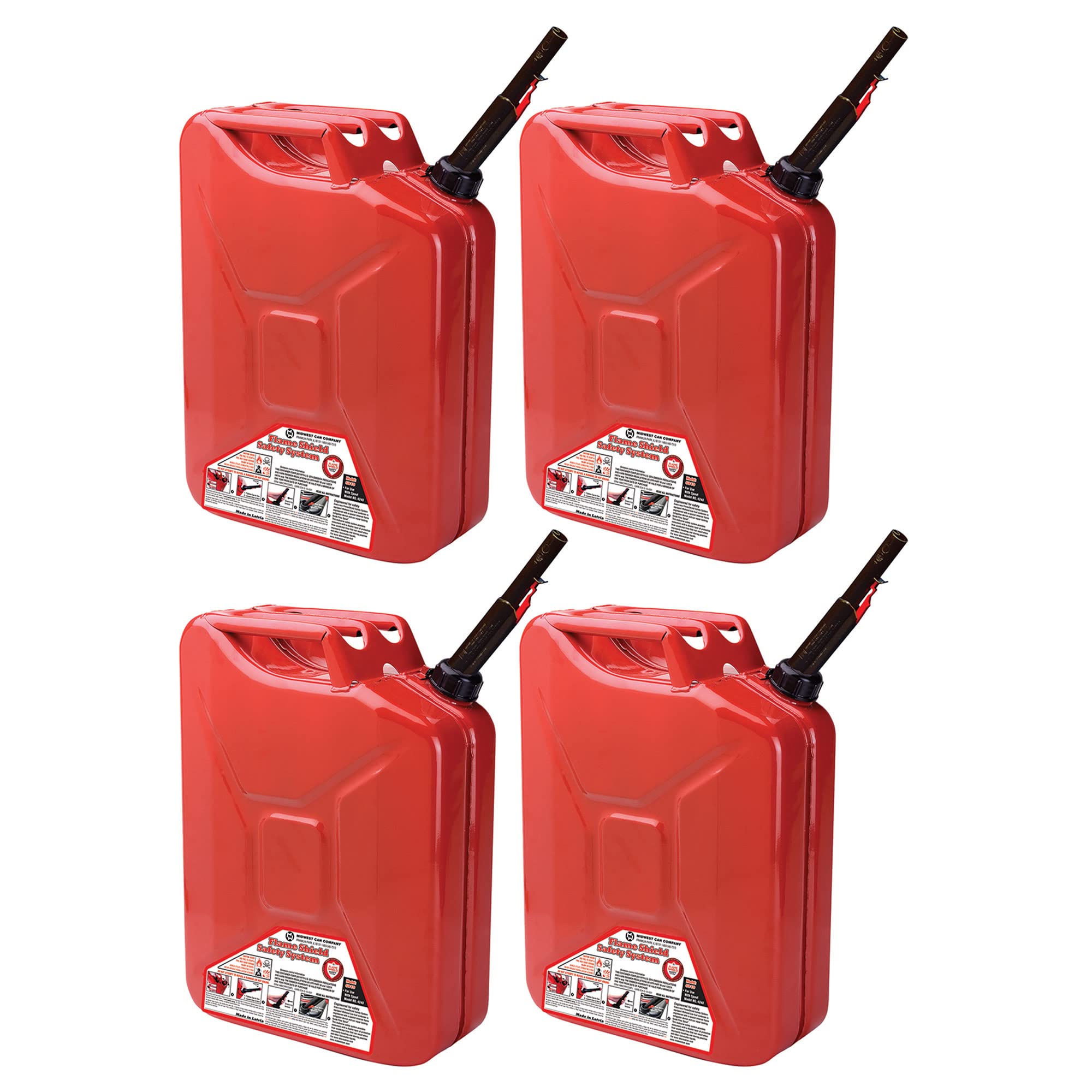 Midwest Can 5810 5-Gallon Auto Shut Off Metal Jerry Can - Durable Fuel Container with FlameShield Safety System & Quick-Flow Spout (4-Pack) - Perfect for Emergency Preparedness, Camping, and Outdoor Equipment Storage