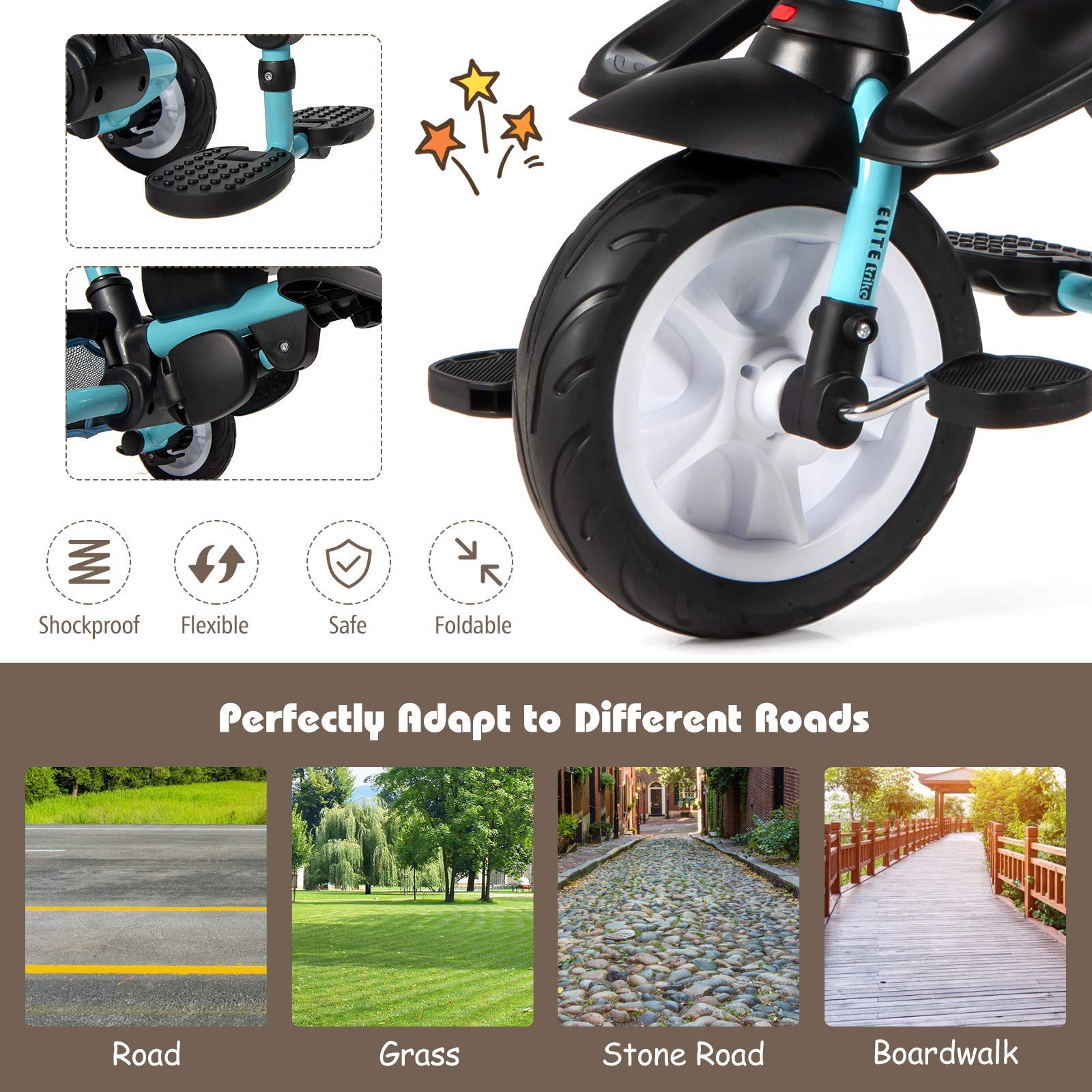 BABY JOY 7-in-1 Foldable Toddler Tricycle with Adjustable Canopy & Safety Harness - Convertible Push Bike with Rotating Seat, Storage Basket & Cup Holder for 1-5 Year Olds (Blue) | Perfect for Outdoor Play, Park Rides & Learning to Cycle