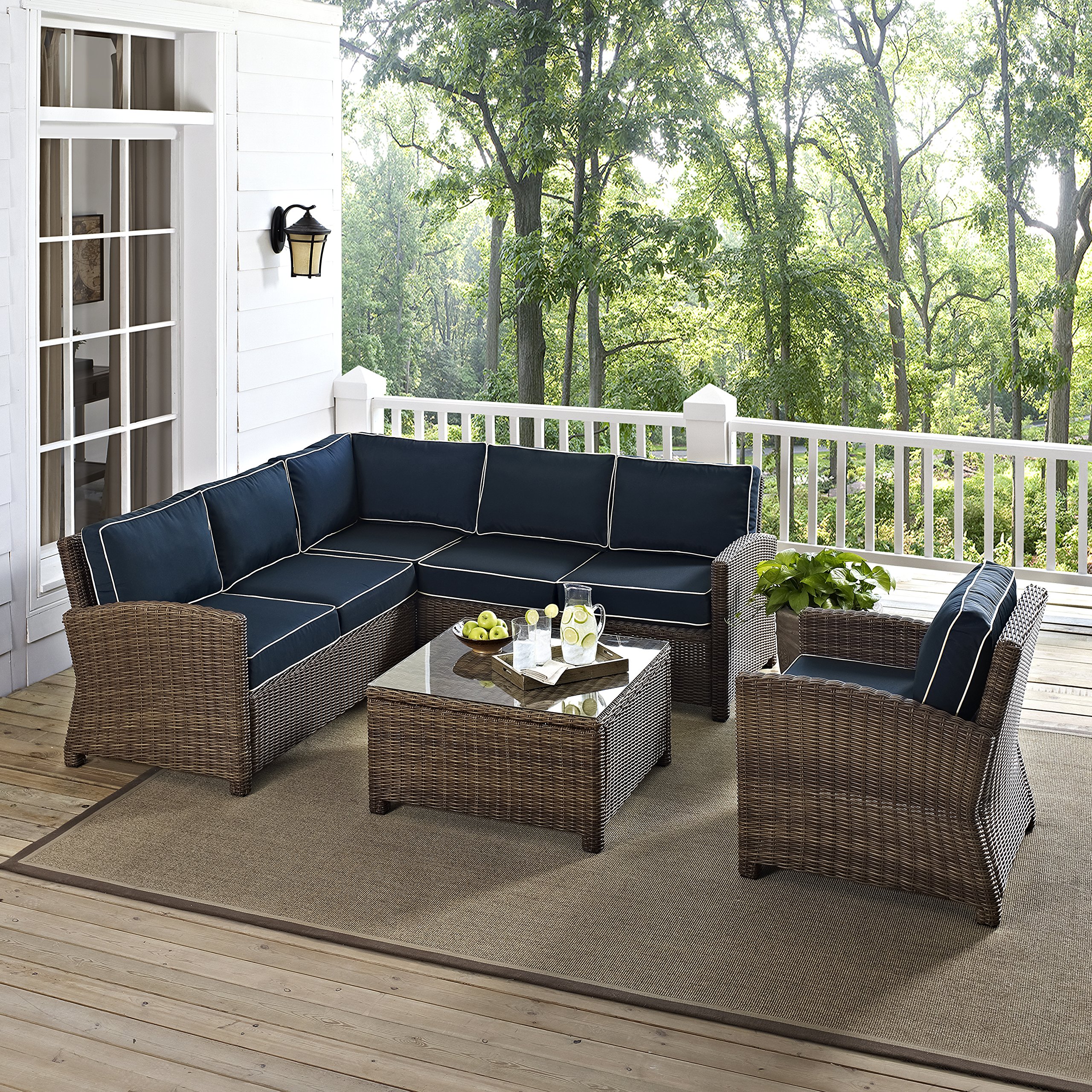 Crosley Furniture Bradenton 5-Piece Outdoor Sectional Sofa Set - All-Weather Wicker Patio Furniture with Navy Cushions for Deck, Garden & Backyard Relaxation
