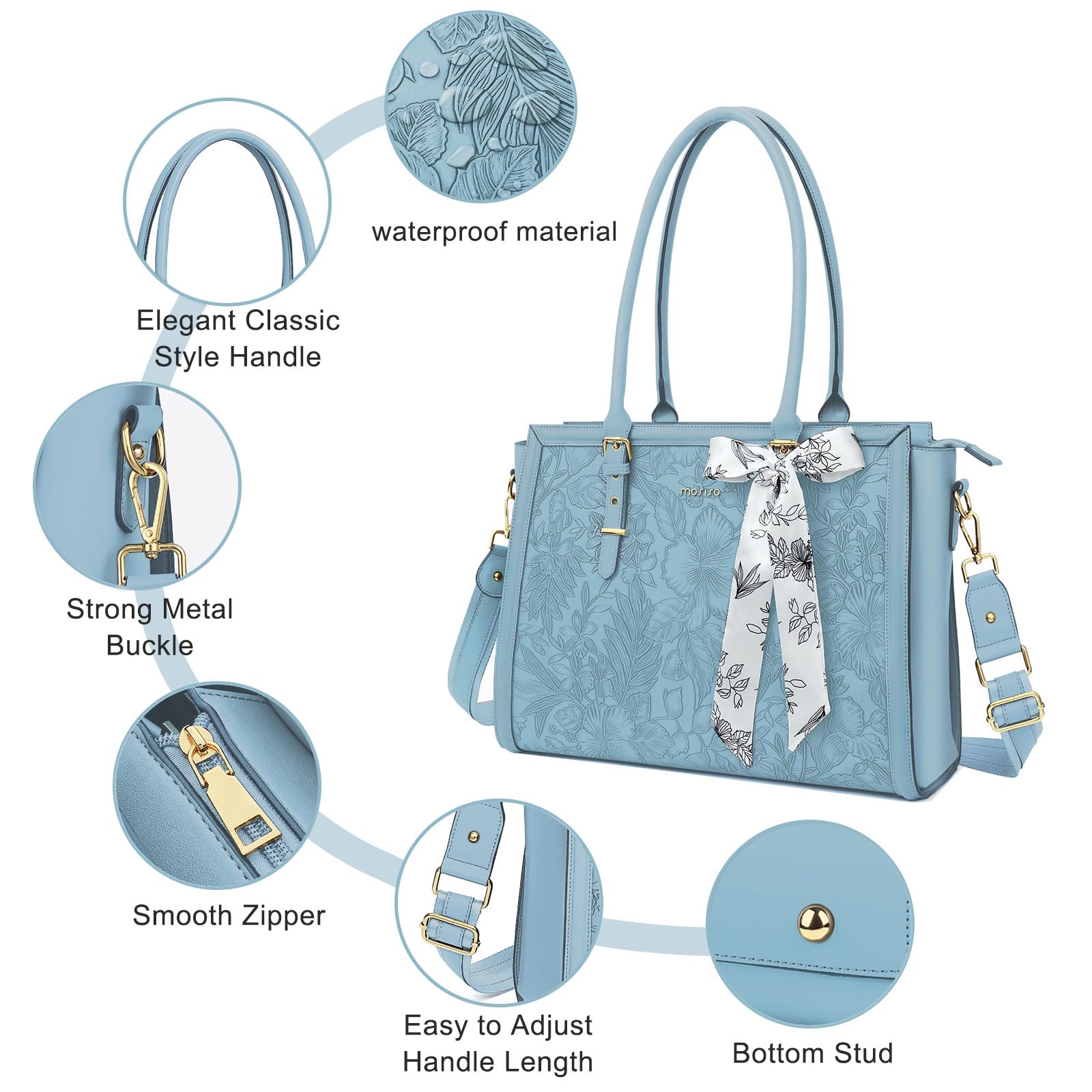 MOSISO 17-17.3 Inch Laptop Tote Bag for Women - PU Leather Computer Bag Compatible with MacBook Pro/Air, HP, Dell, Asus - Stylish Retro Hibiscus Design with Silk Scarf & Clutch Purse (Air Blue) - Perfect for Work, Travel & Business Meetings