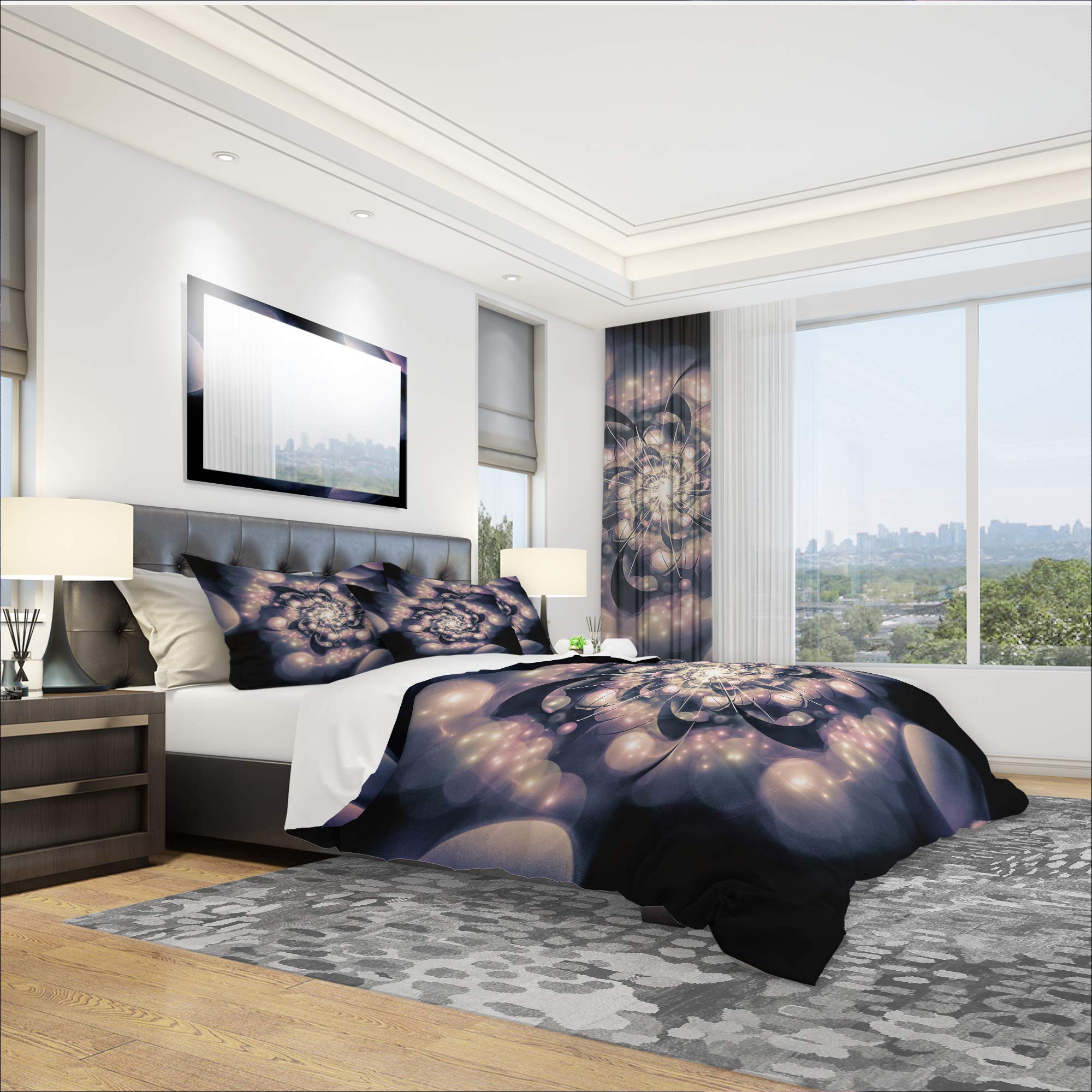 Light Blue Fractal Flower Duvet Cover Set Queen - 3 Piece Floral Bedding | Nautical & Coastal Design for All Seasons | Perfect for Beach House, Guest Room & Master Bedroom Decor