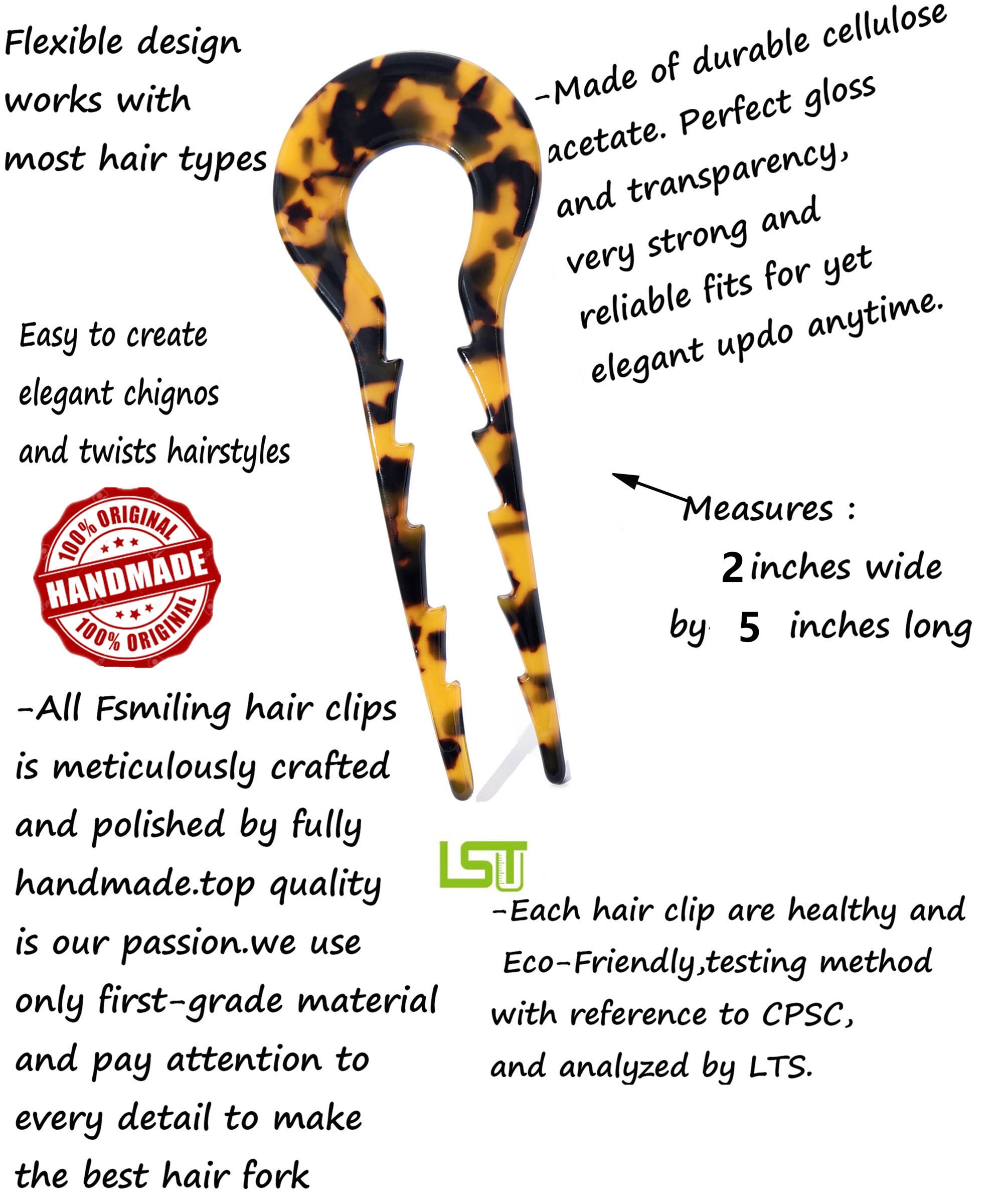 Tortoise Shell French Hair Forks - 2 Pack U-Shaped Hair Pins with 2 Prongs, Acetate Chignon Pins for Women | Elegant Hairstyle Accessories for Weddings, Parties & Everyday Wear