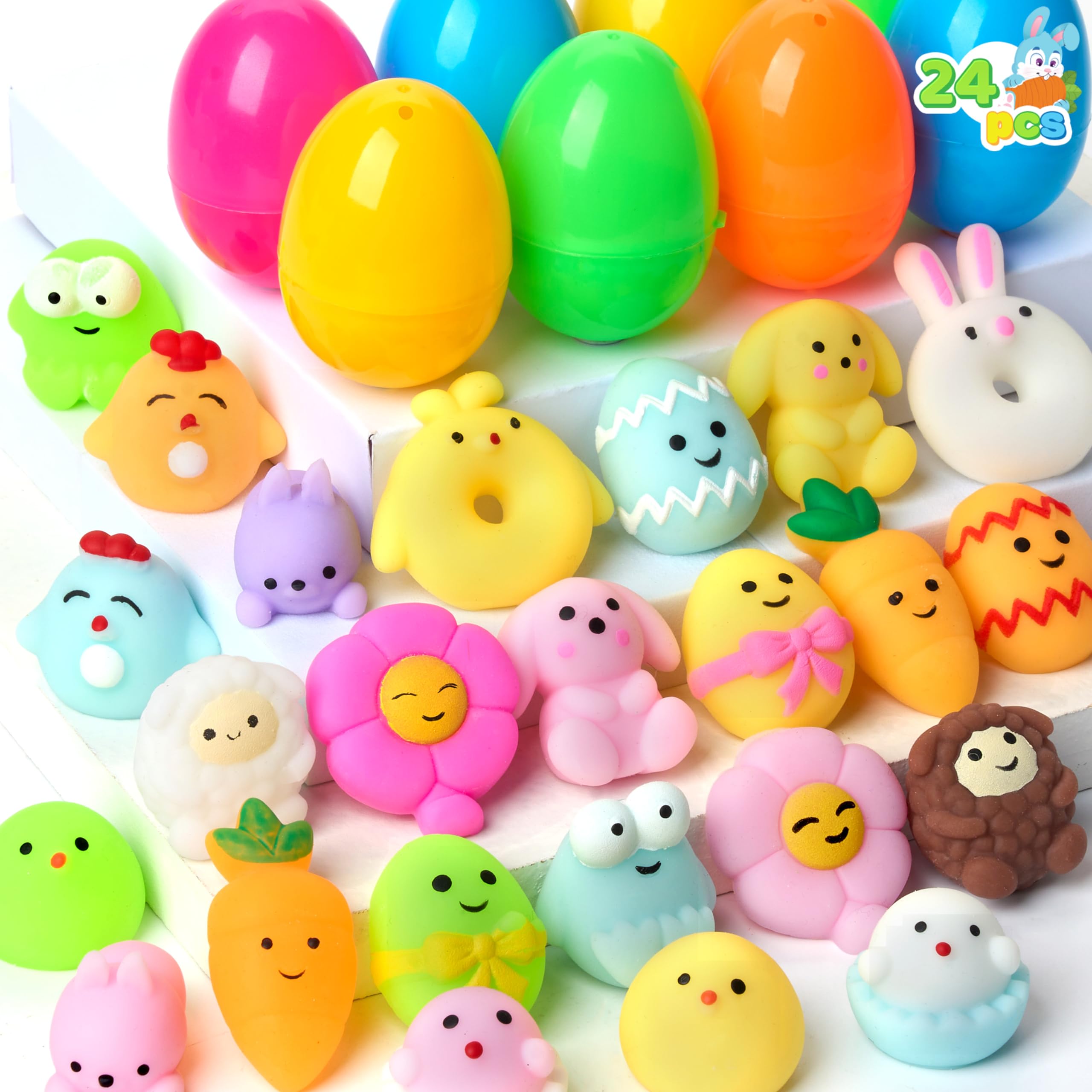 24 Pcs Easter Prefilled Eggs with Mochi Squishy Toys - Cute Stress Relief Toys for Kids, Party Favors, Easter Basket Stuffers & Classroom Prizes - Perfect for Easter Egg Hunts, Birthday Parties & School Rewards