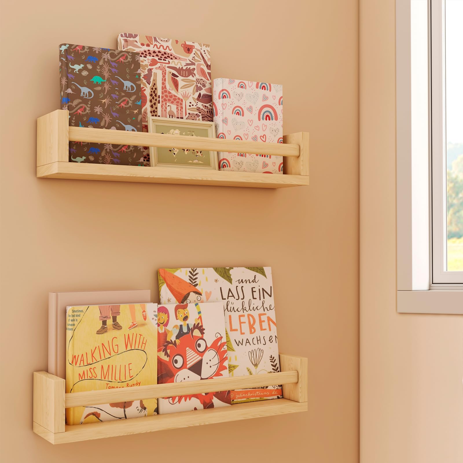 2 Pack Floating Shelves for Kids Room, Nursery, Bathroom, Bedroom, Living Room, Kitchen & Office - Solid Wood Wall Mounted Display Shelves for Books, Decor & Organizing