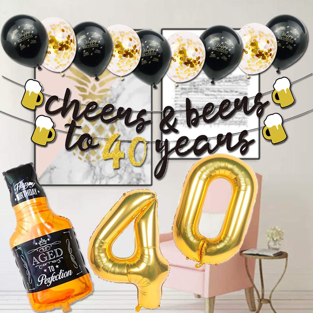 Black & Gold 40th Birthday Party Decorations for Men - Cheers to 40 Years Banner, Beer Mug Balloons, Confetti & Fringe Backdrop - Perfect for 40th Anniversary Celebrations, Beer Themed Parties & Milestone Birthday Decor