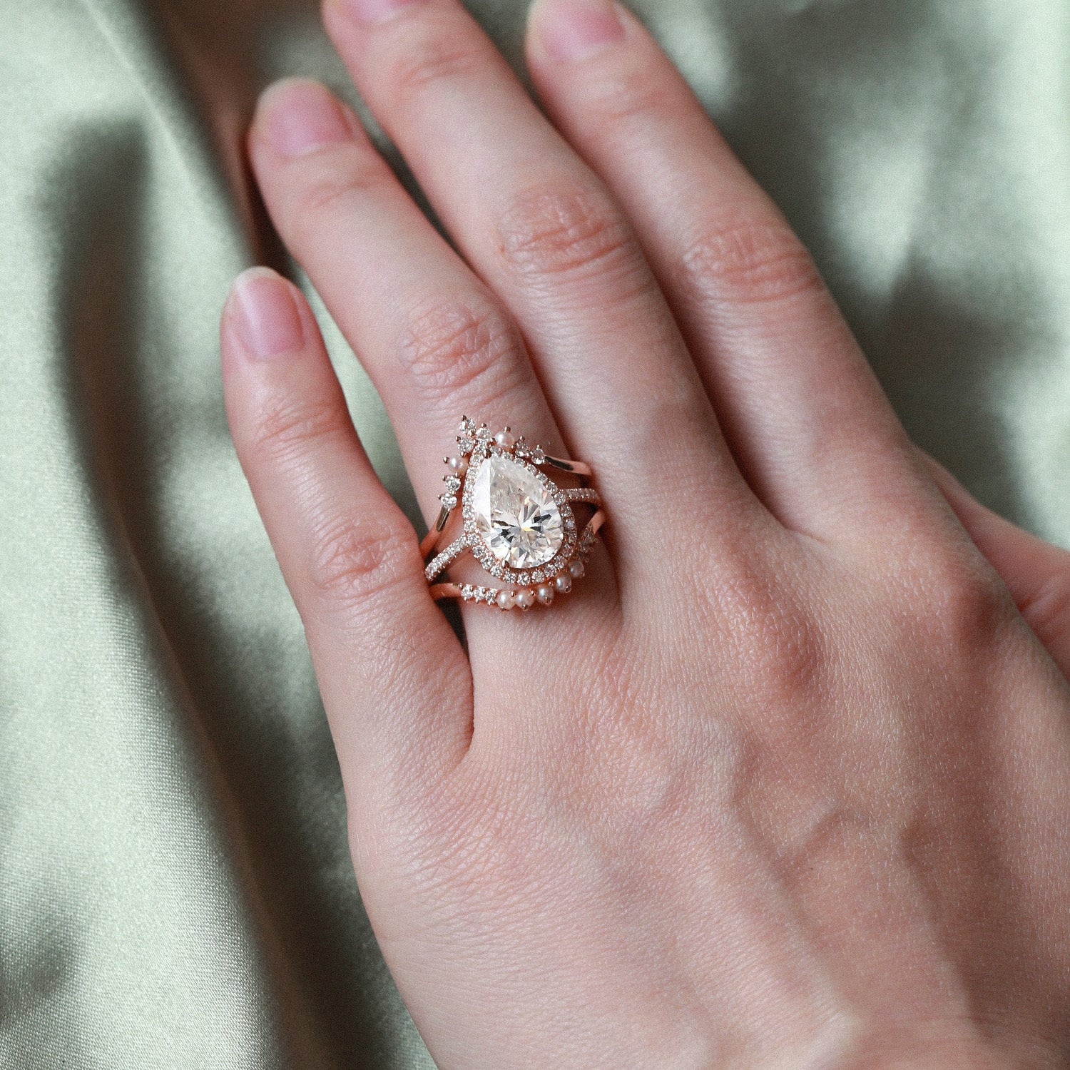 3.5 Carat Moissanite Inspired Pearl Perfect Ring Set - 3 Piece Bridal Jewelry for Engagement, Wedding & Anniversary Gifts