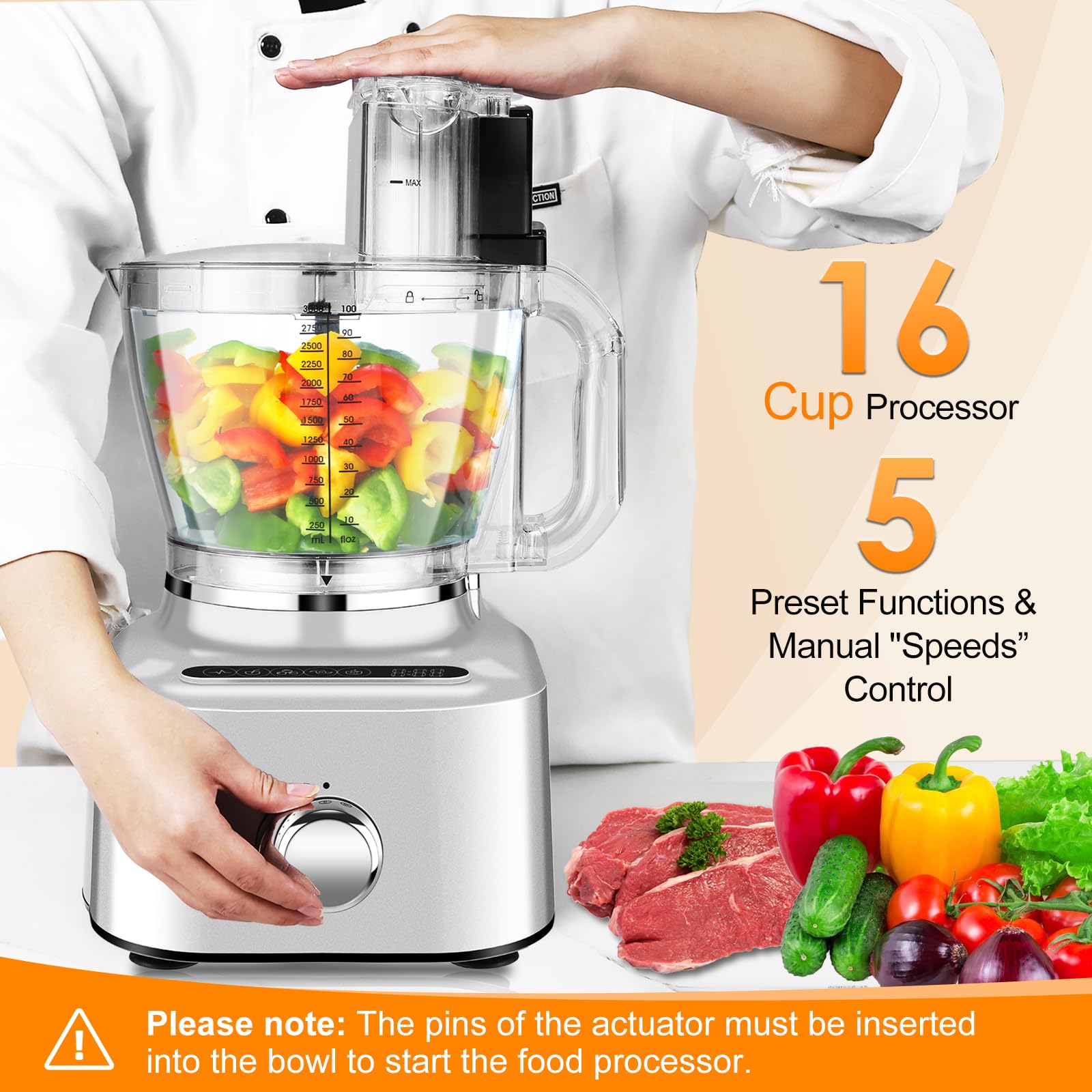 Homtone 16-Cup Food Processor & Blender Combo - 650W Electric Vegetable Chopper with 8 Blades, 11 Functions & 5 Preset Modes - Die-Cast Aluminum Body with Stepless Speed Control - Perfect for Meal Prep, Smoothies & Large Batch Cooking (Silver)