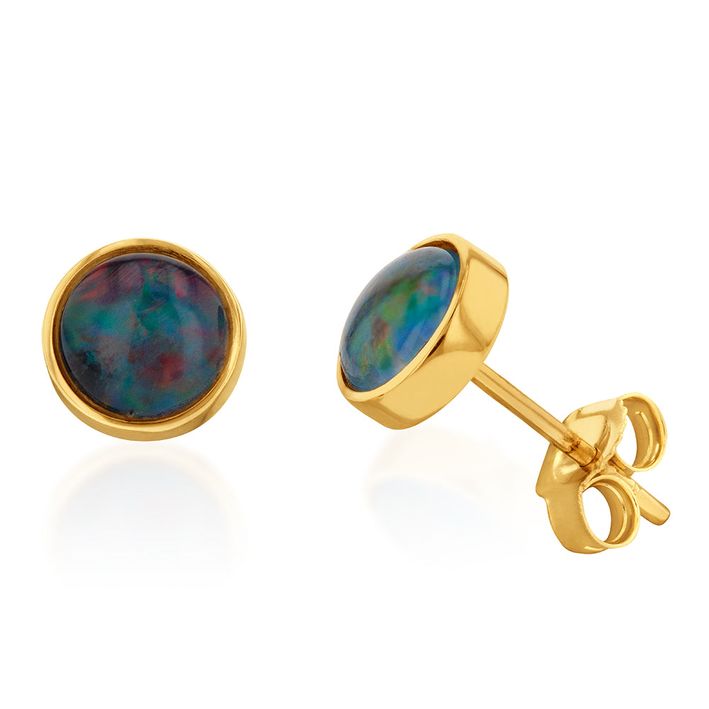 9ct Yellow Gold 6mm Triplet Opal Bezel Stud Earrings for Women - Elegant Jewelry Gift for Birthday, Anniversary & Special Occasions