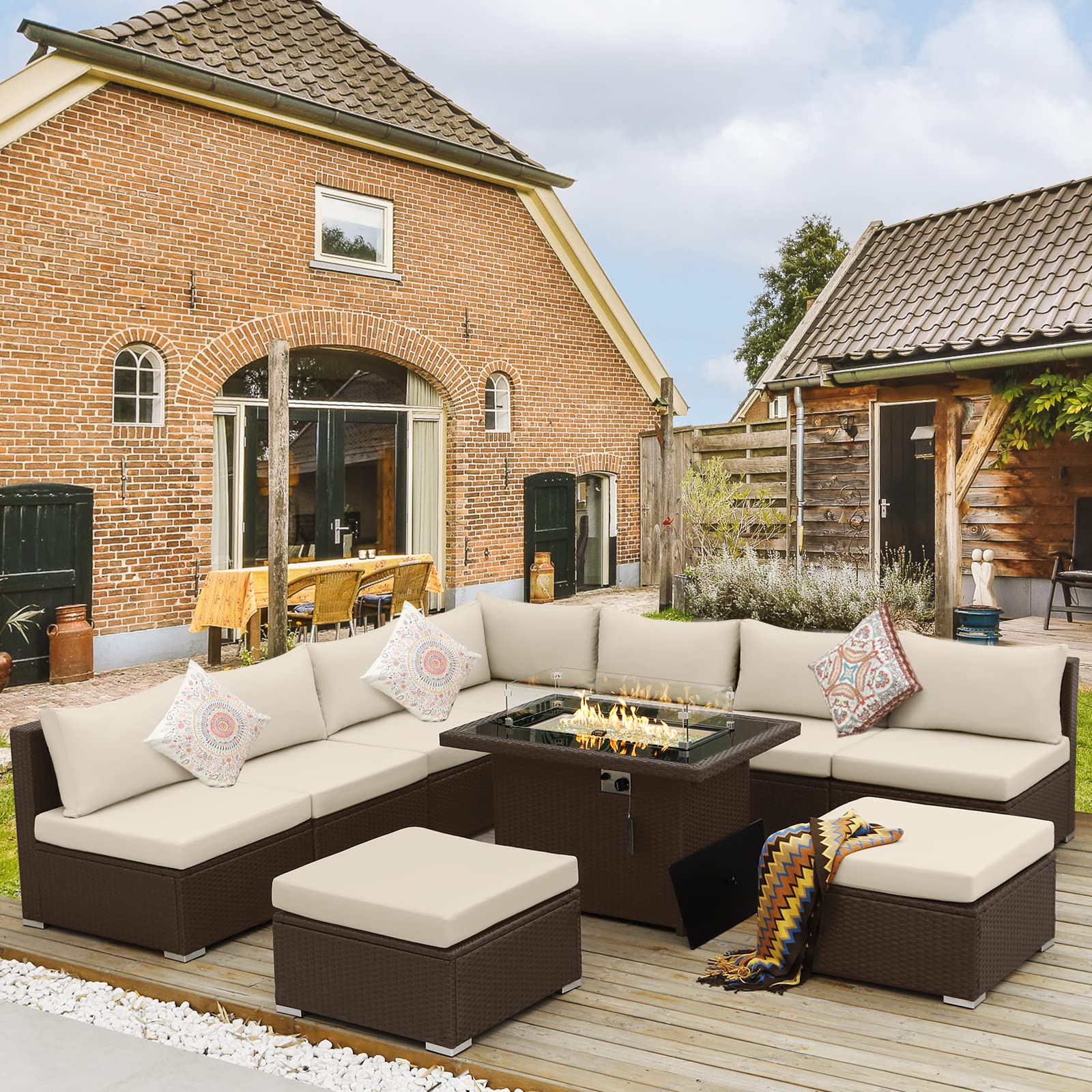 BULEXYARD 10-Piece Outdoor Patio Furniture Set with Propane Fire Pit Table - Brown Wicker Sectional Sofa & 43