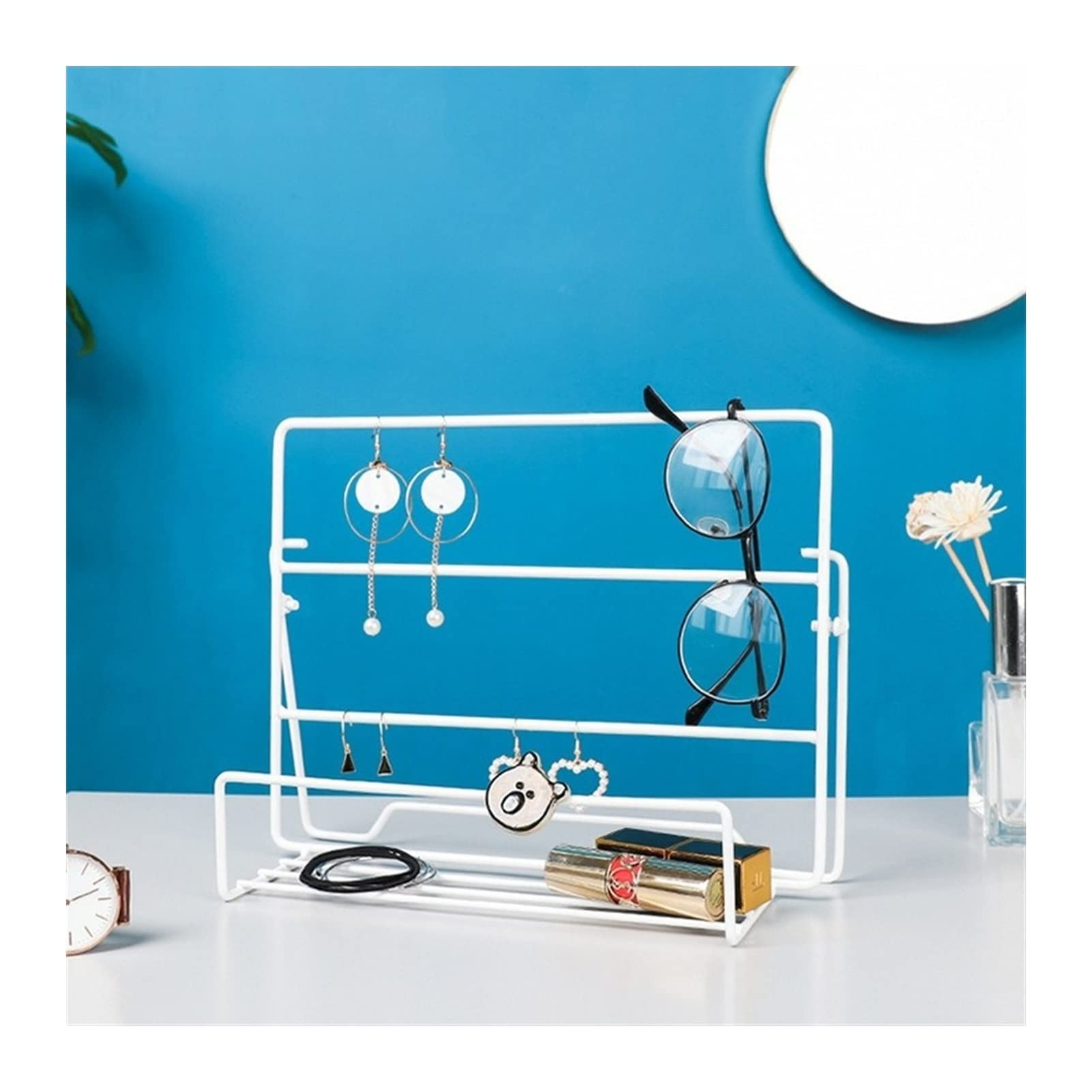 TOMYEUS Jewelry Display Stand - Elegant Golden Earring Necklace Holder for Home Dressing Table, Jewelry Organizer & Bracelet Storage - Perfect for Bedroom Vanity, Boutique Showcase & Gift Wrapping (White)