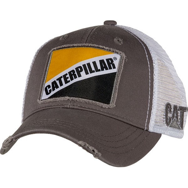 Grey Twill White Mesh Cap with Caterpillar Patch - Adjustable Baseball Hat for Outdoor Work, Construction & Casual Wear