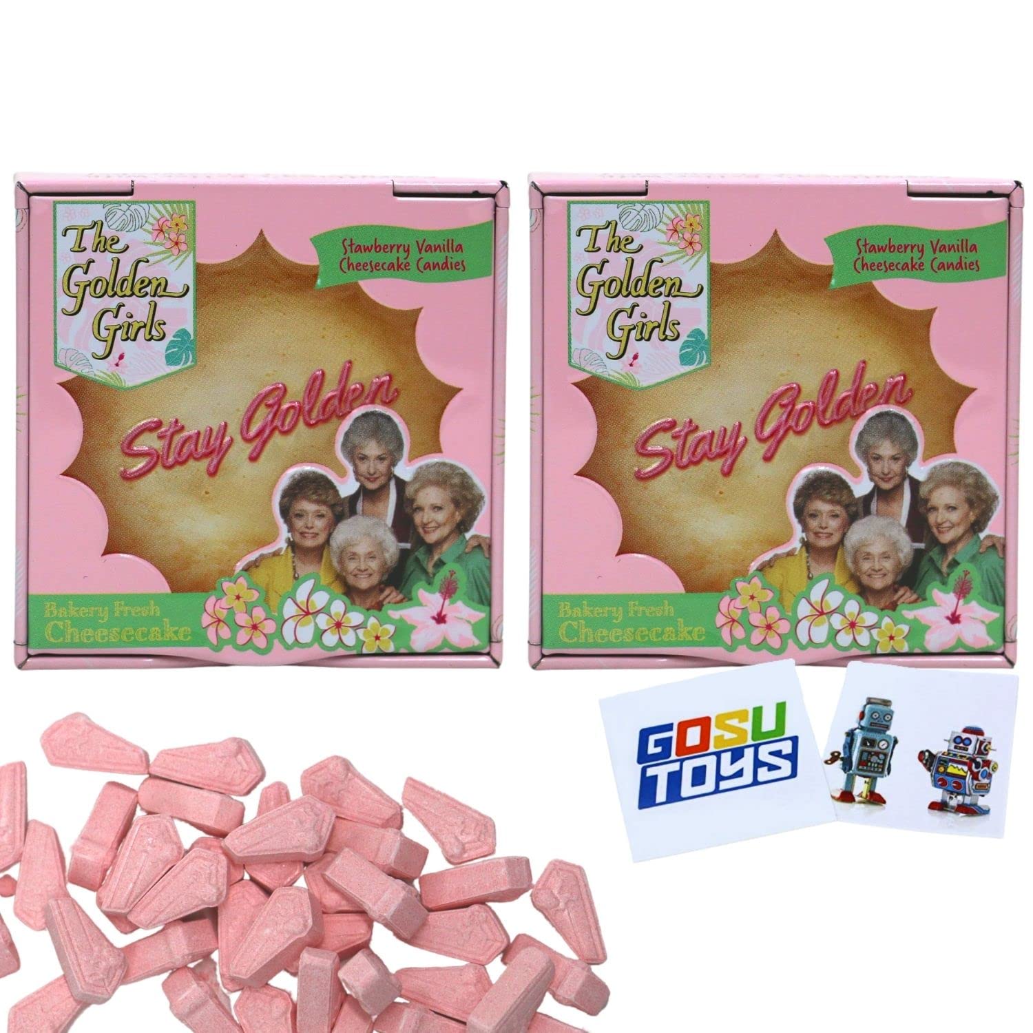 Golden Girls Strawberry Vanilla Cheesecake Candy - Collectible Candy Tin with 2 GosuToys Stickers (2 Pack) | Vintage-Inspired Sweets for Parties, Gifts & Nostalgic Treats