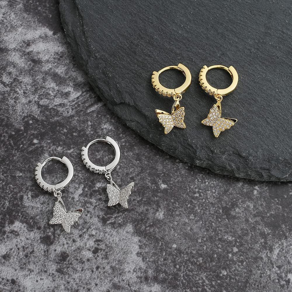 14K Gold & Silver Plated Huggie Hoop Drop Earrings with Cubic Zirconia - Elegant Dangle Stud Earrings for Women | Perfect Gift for Anniversary, Birthday & Special Occasions
