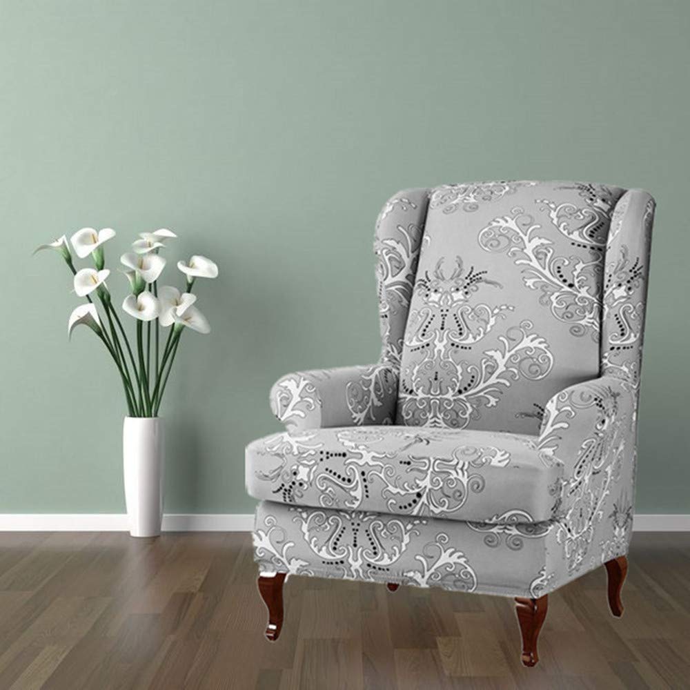 Floral Wingback Chair Slipcover - 2-Piece Stretchable Armchair Cover with Spandex Polyester Fabric - Furniture Protector for Living Room, Bedroom, Office (Grey) - Perfect for Home Decor, Sofa Protection & Style Upgrade