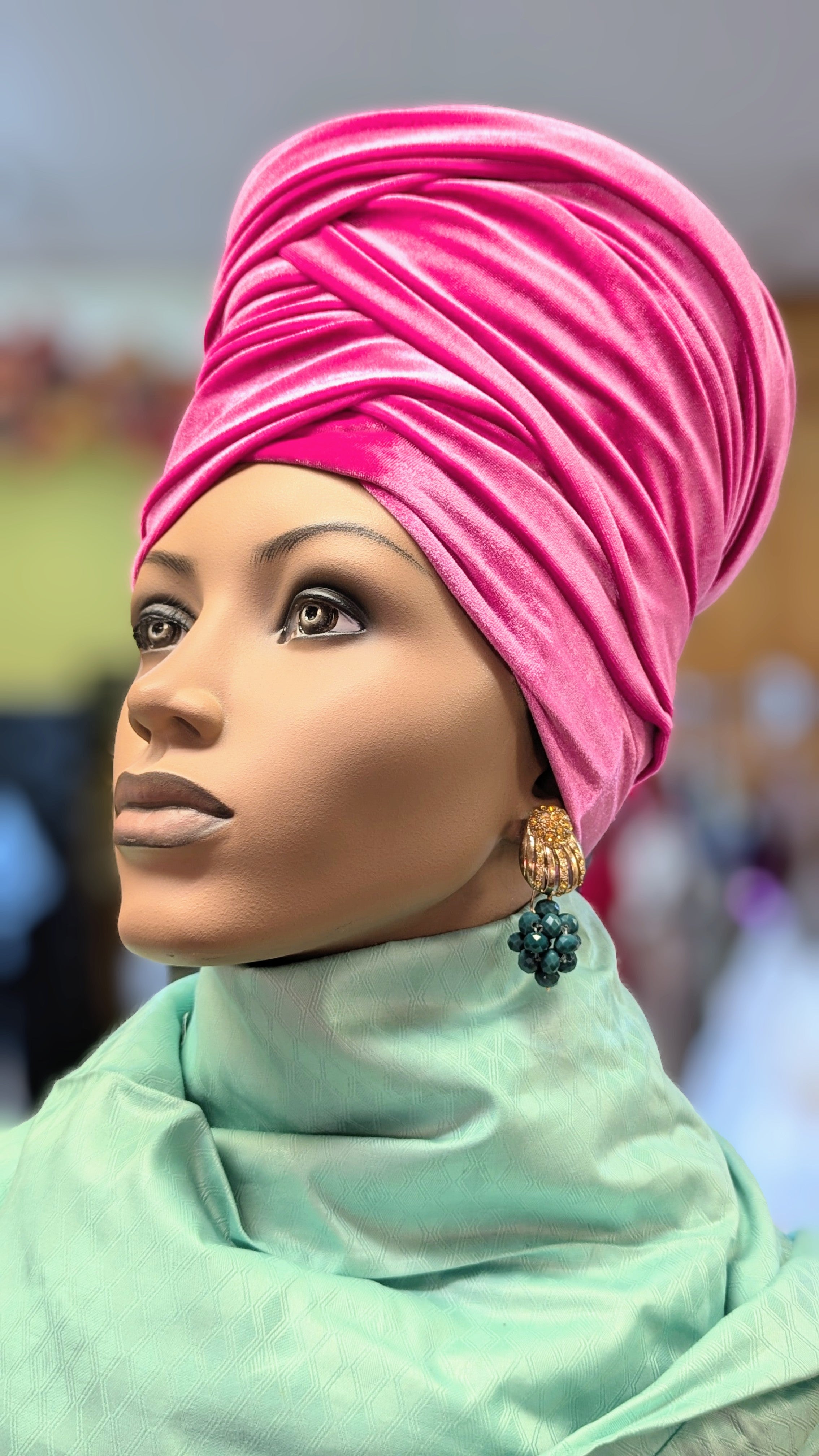Kaliyah Fuchsia Pink Velour African Hat Head Wrap DPVHHWP3 – Stylish & Comfortable Headwear for Women, Perfect for Church, Weddings, and Cultural Events