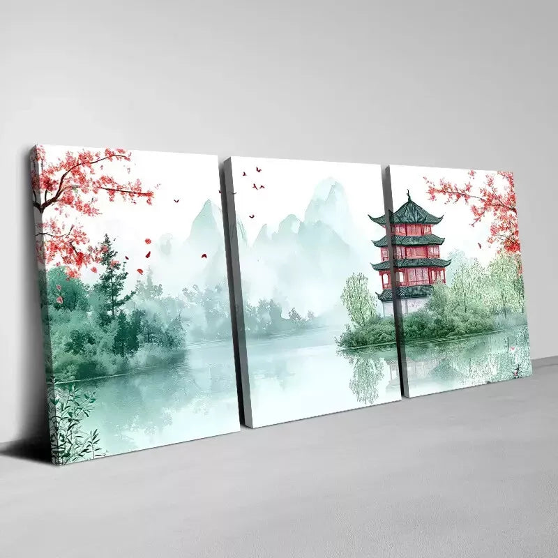 3-Piece Traditional Chinese Pagoda Landscape Art Set - Framed Canvas Wall Decor 50x70cm - High Quality Print - Ready to Hang - Perfect for Living Room, Bedroom & Office Decor