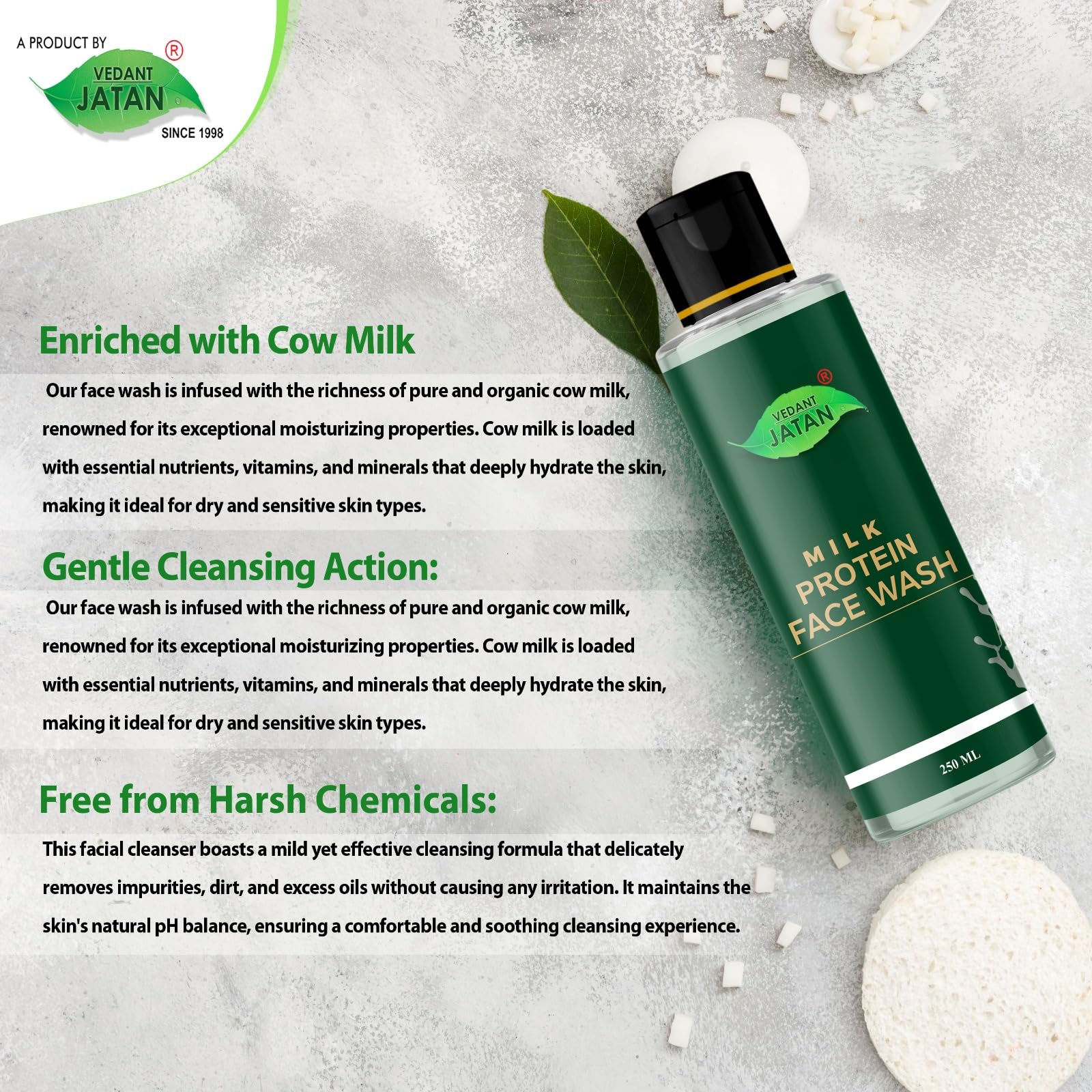 VEDANT JATAN Milk Face Wash for Glowing Skin - Moisturizing Facial Cleanser with Natural Ingredients, 250ml (Pack of 1) | Gentle Daily Cleansing for Dry & Sensitive Skin, Morning & Night Skincare Routine