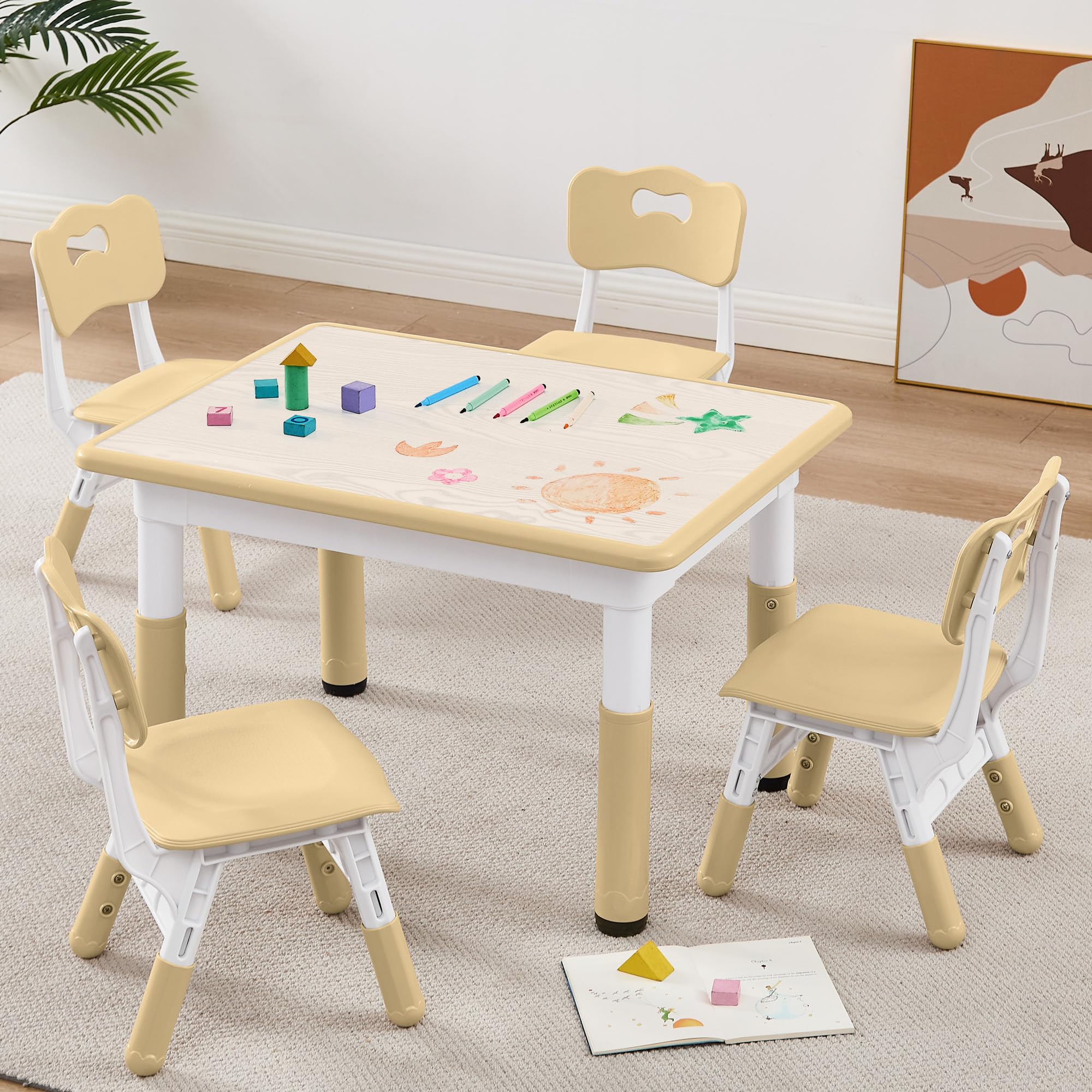 Adjustable Height Kids Table and 4 Chairs Set - Toddler Activity Table with Graffiti-Resistant Desktop for Home, Classroom & Daycare - Perfect for Arts & Crafts, Learning, and Playtime