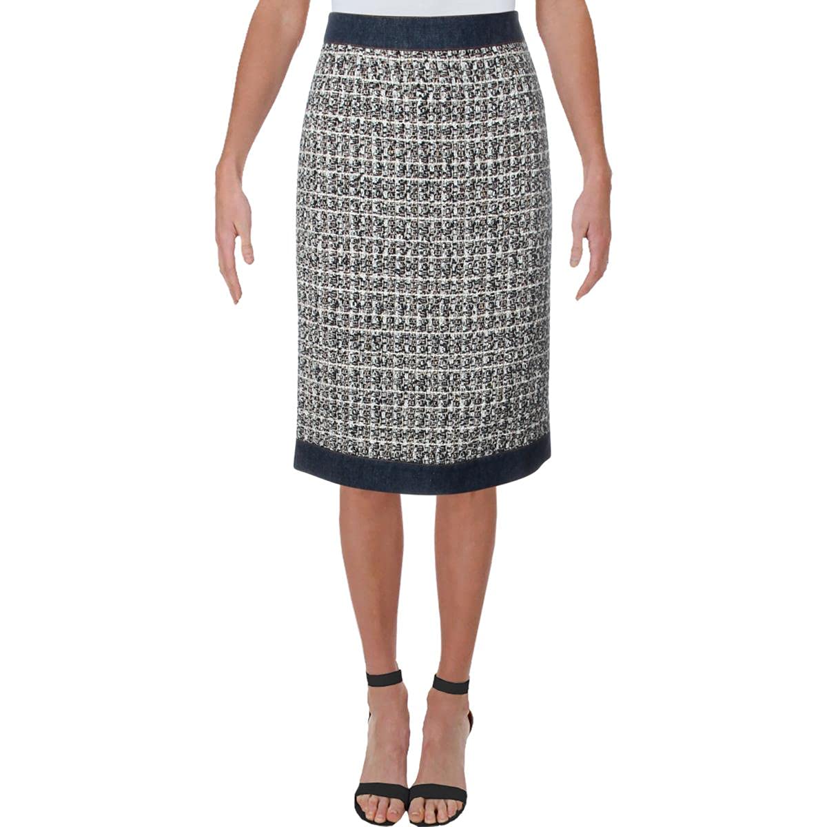 Gracia Women's White Tweed Denim Trim Pencil Skirt Size M - Elegant Office Wear & Casual Outfit for Work, Party & Daily Fashion