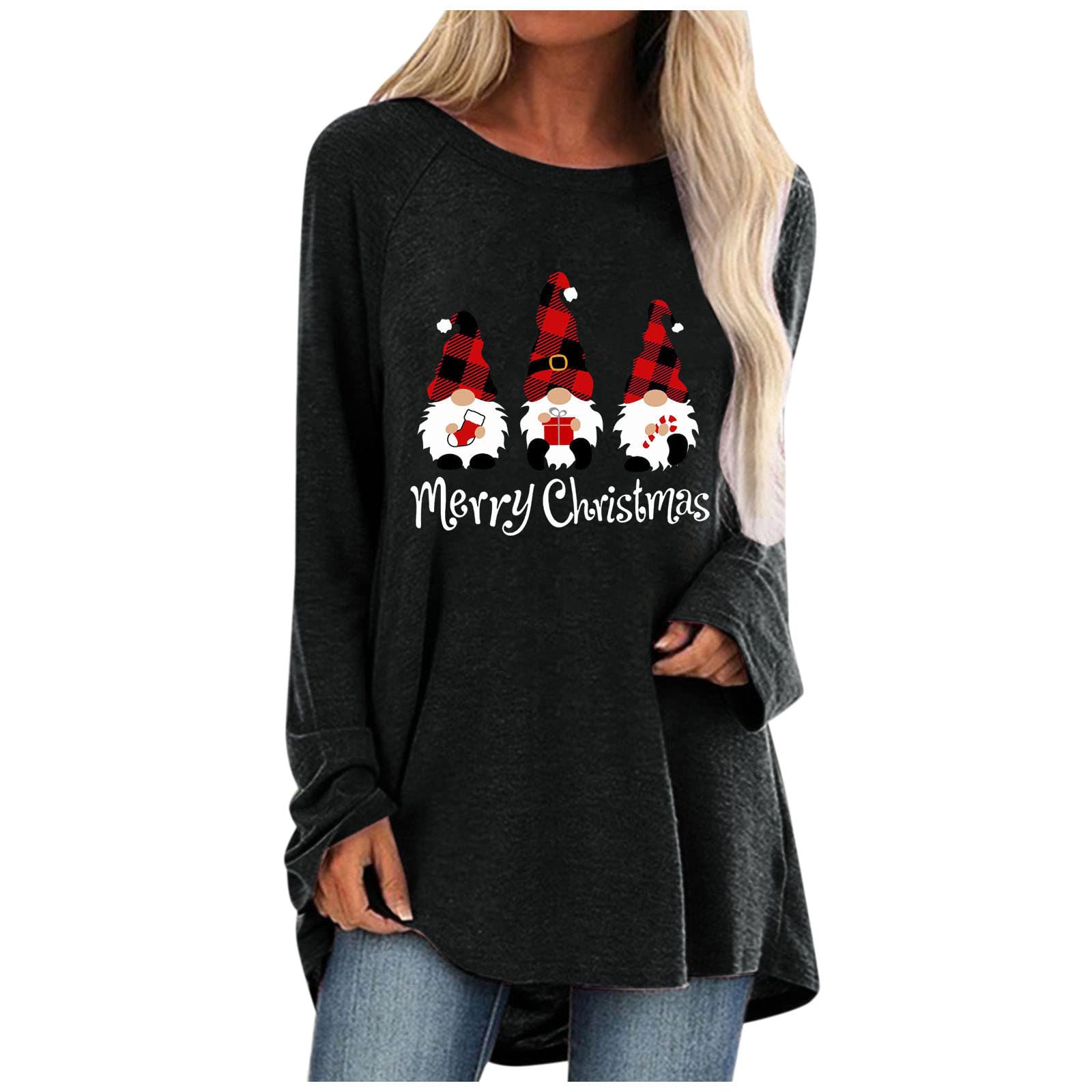 Women's Christmas Casual Round Neck Printed Long Sleeve T-Shirt - Holiday Party, Family Gathering & Office Outfit - Comfortable Festive Top for Women (Medium)