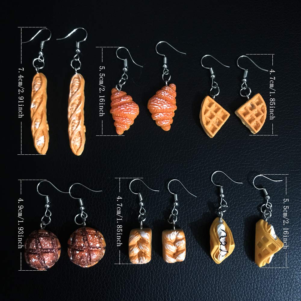 DAMLENG 6 Pairs Handmade Croissant French Bread Toast Drop Earrings - Cute Unique Baguette Dangle Earrings Set for Women - Yellow Food Simulation Jewelry - Perfect for Cosplay, Gift Giving & Fashion Accessories