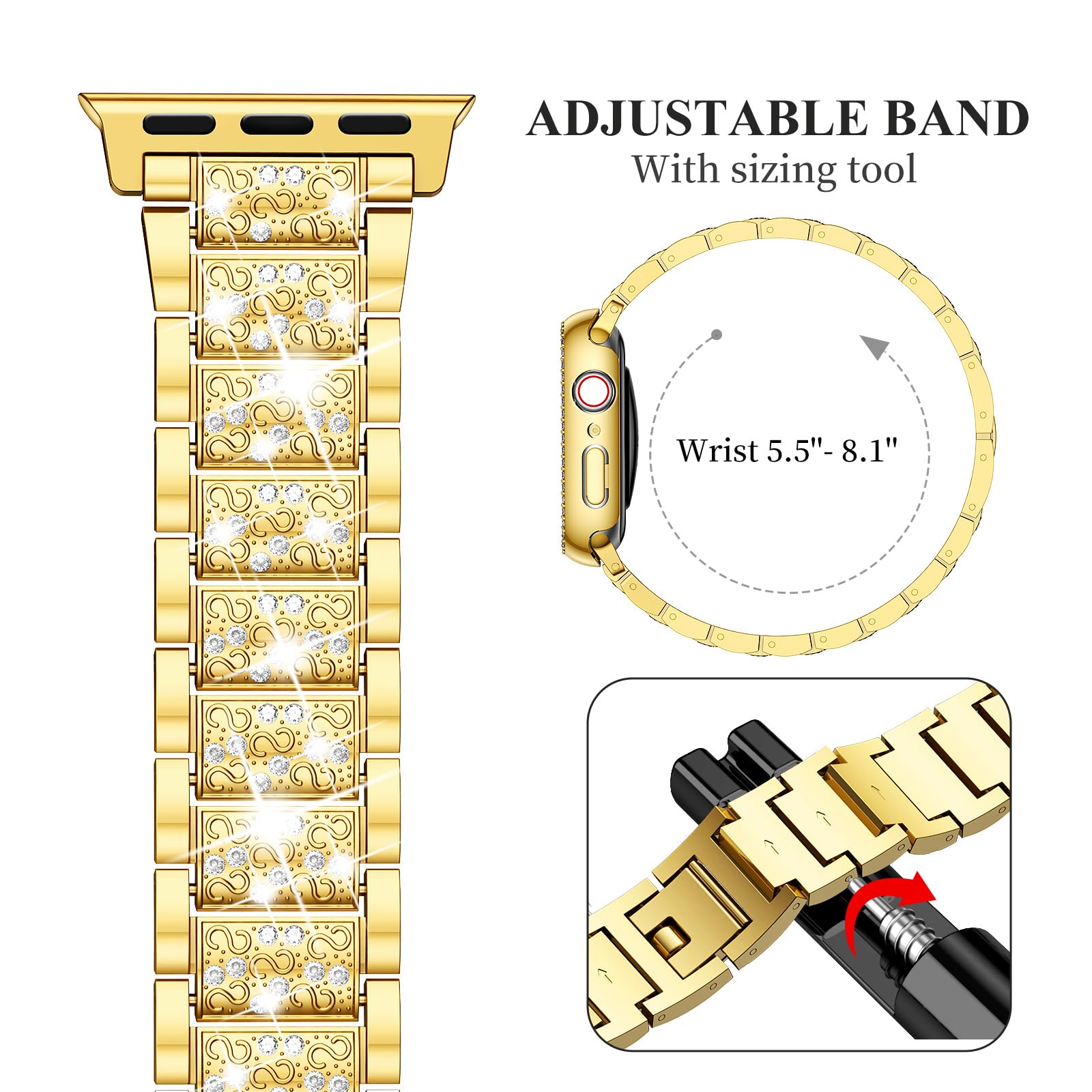 SUPOIX Luxury Bling Diamond Metal Band & 2 Pack Protective Case for Apple Watch Series 9/8/7/6/SE 41mm - Gold, Stylish Women's Jewelry Accessory for Workout, Party & Everyday Wear