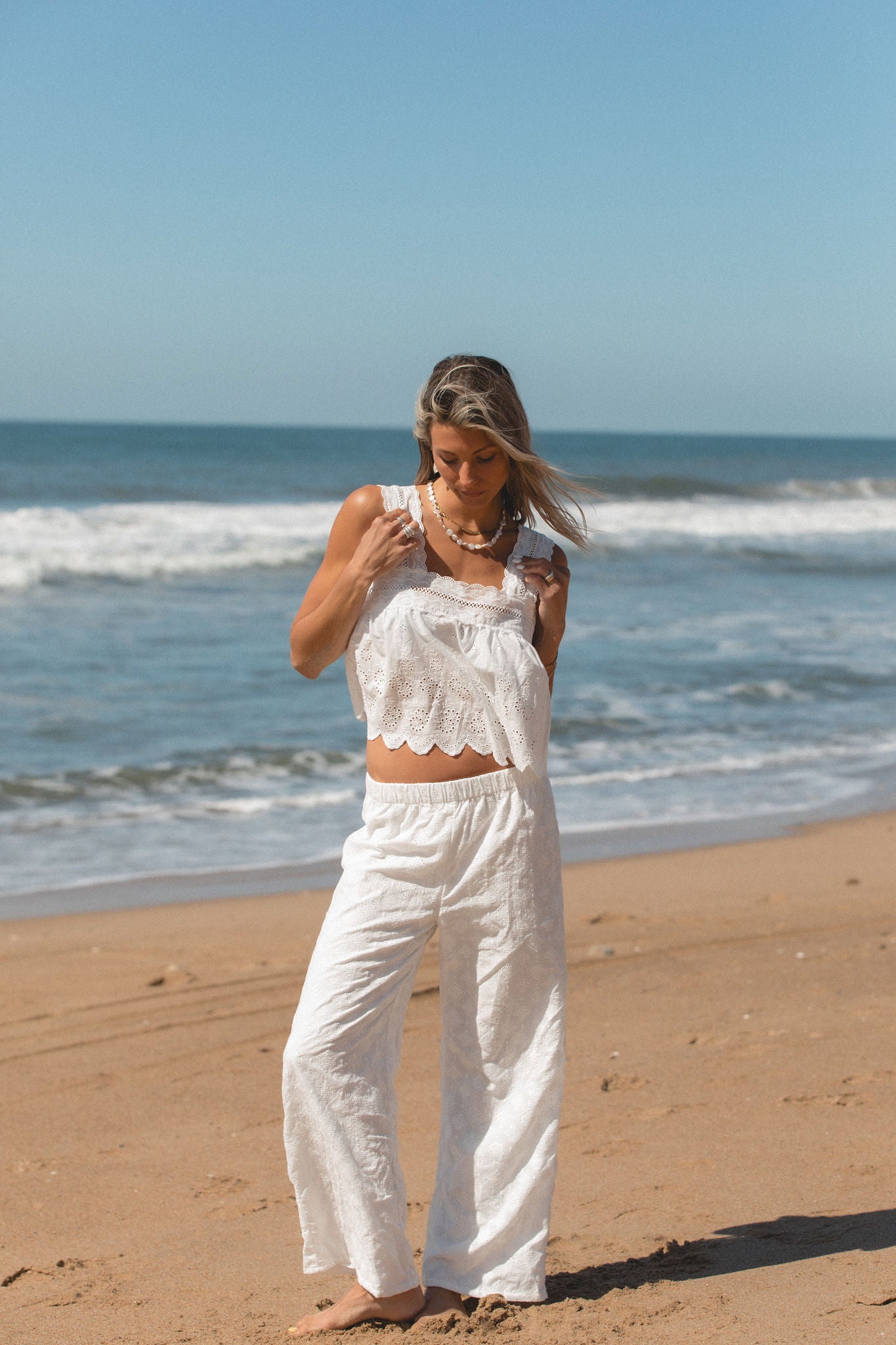 Fleur Eyelet Cotton Pants for Women - Breathable Summer Casual Pants with Lace Trim | Perfect for Beach, Vacation, and Everyday Wear