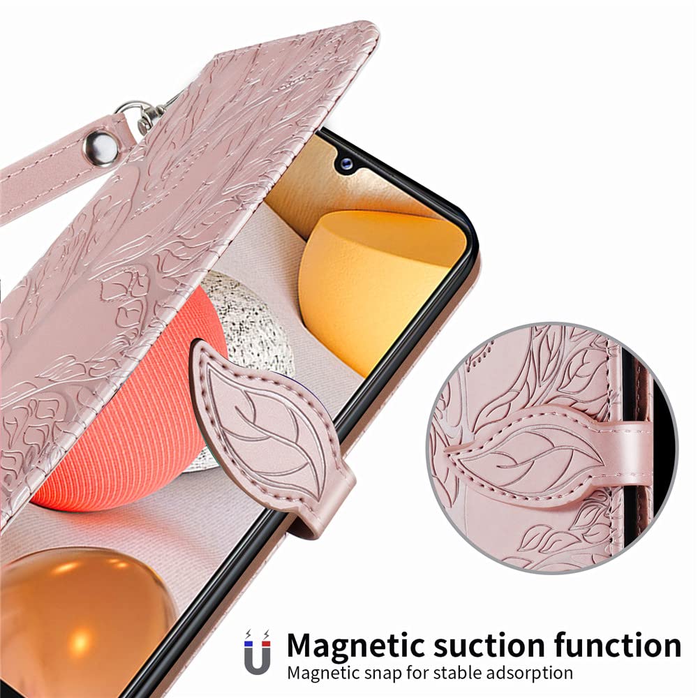 Premium PU Leather Samsung Galaxy A12 Wallet Case with Kickstand, Card Slots & Wrist Strap – Embossed Tree Design Folio Flip Cover for 6.5