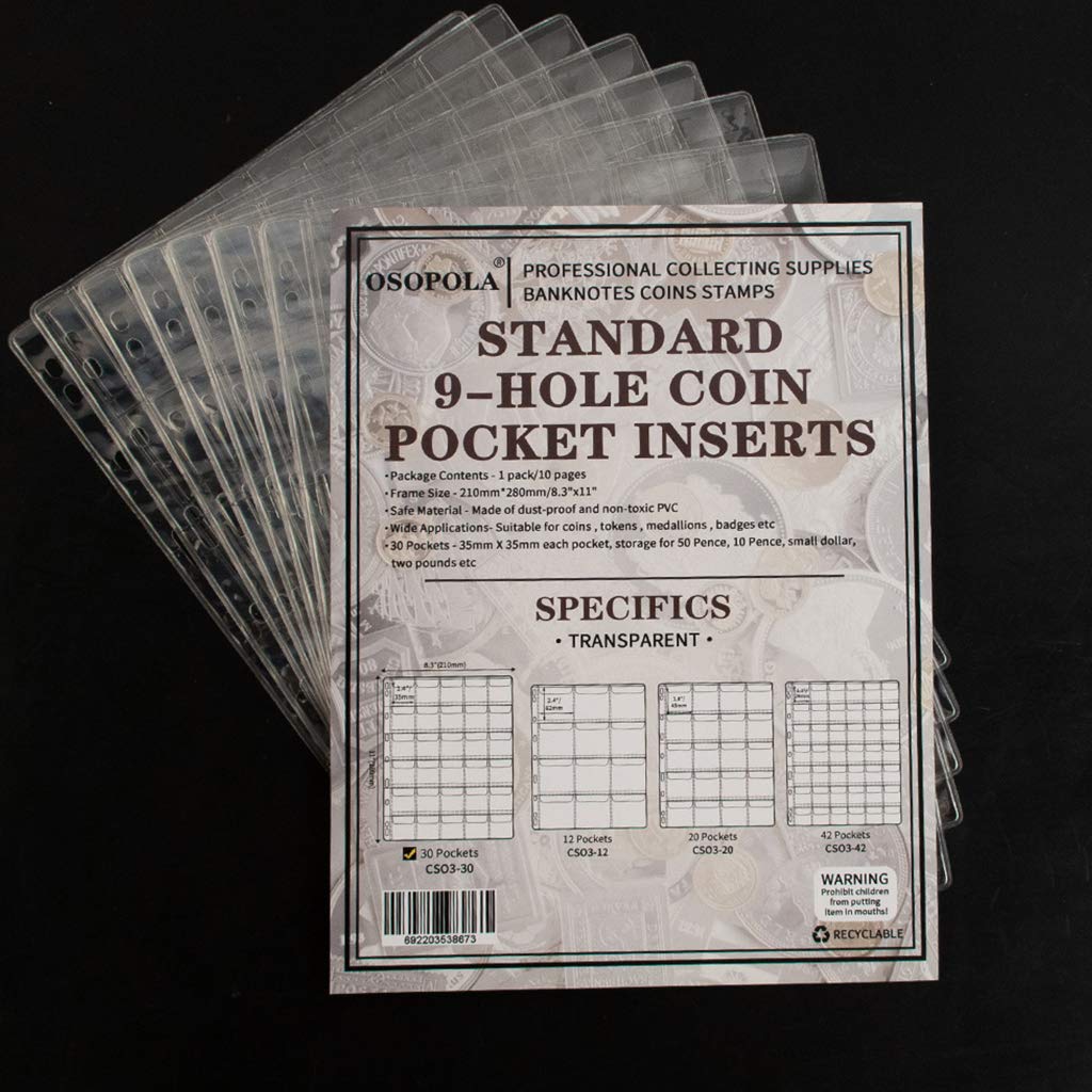 300-Pocket Coin Collection Binder Pages - 10 Acid-Free Loose-Leaf Sheets for Medallion, Stamp & Currency Storage (35x35mm / 1.38x1.38 inch) - Perfect for Organizing Rare Coins, Stamps & Banknotes at Home or in Professional Collections - CS03230