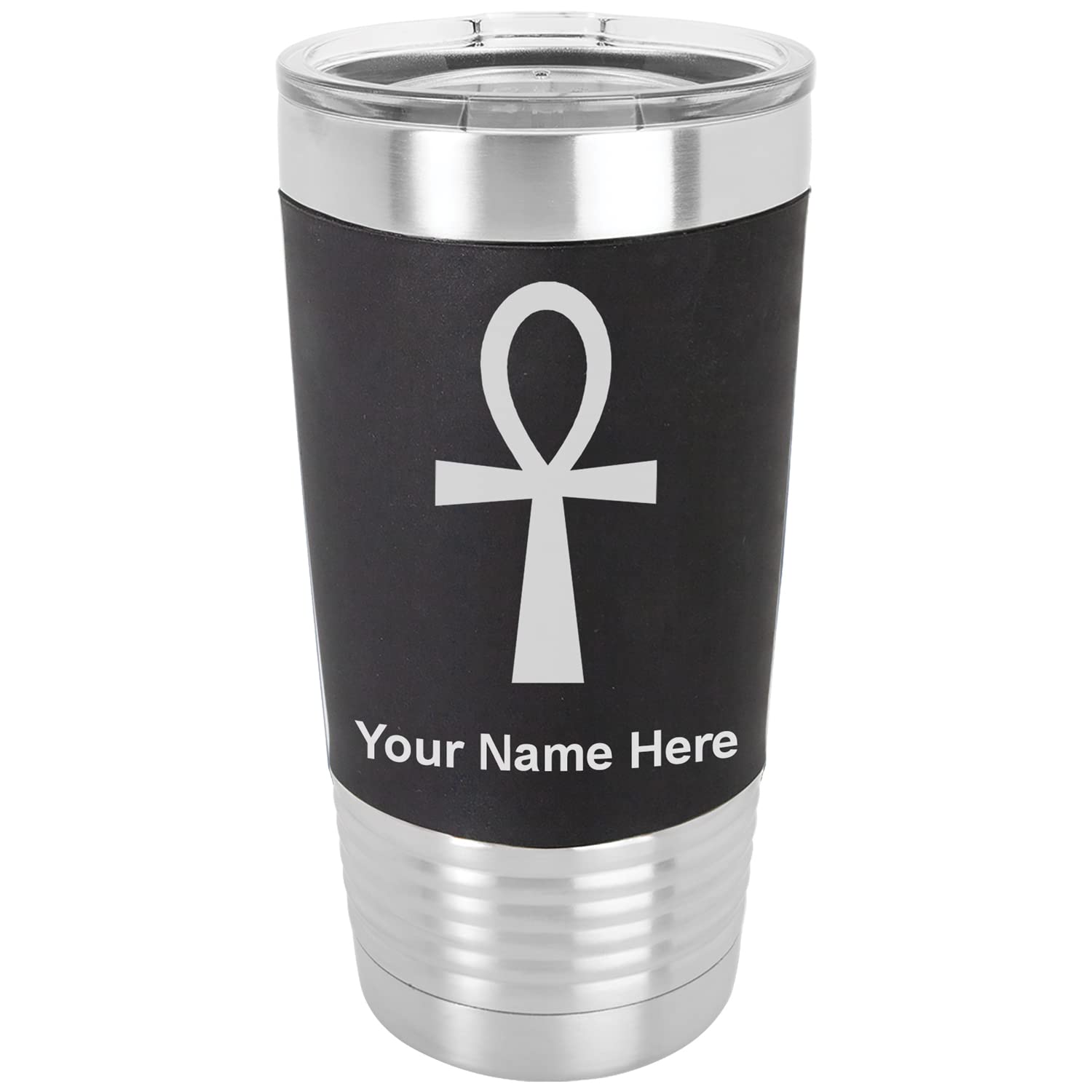 LaserGram 20oz Vacuum Insulated Stainless Steel Tumbler Mug with Silicone Grip - Personalized Engraving Included (Black, Ankh Design) - Perfect for Coffee, Tea & Cold Drinks at Home, Office or Travel