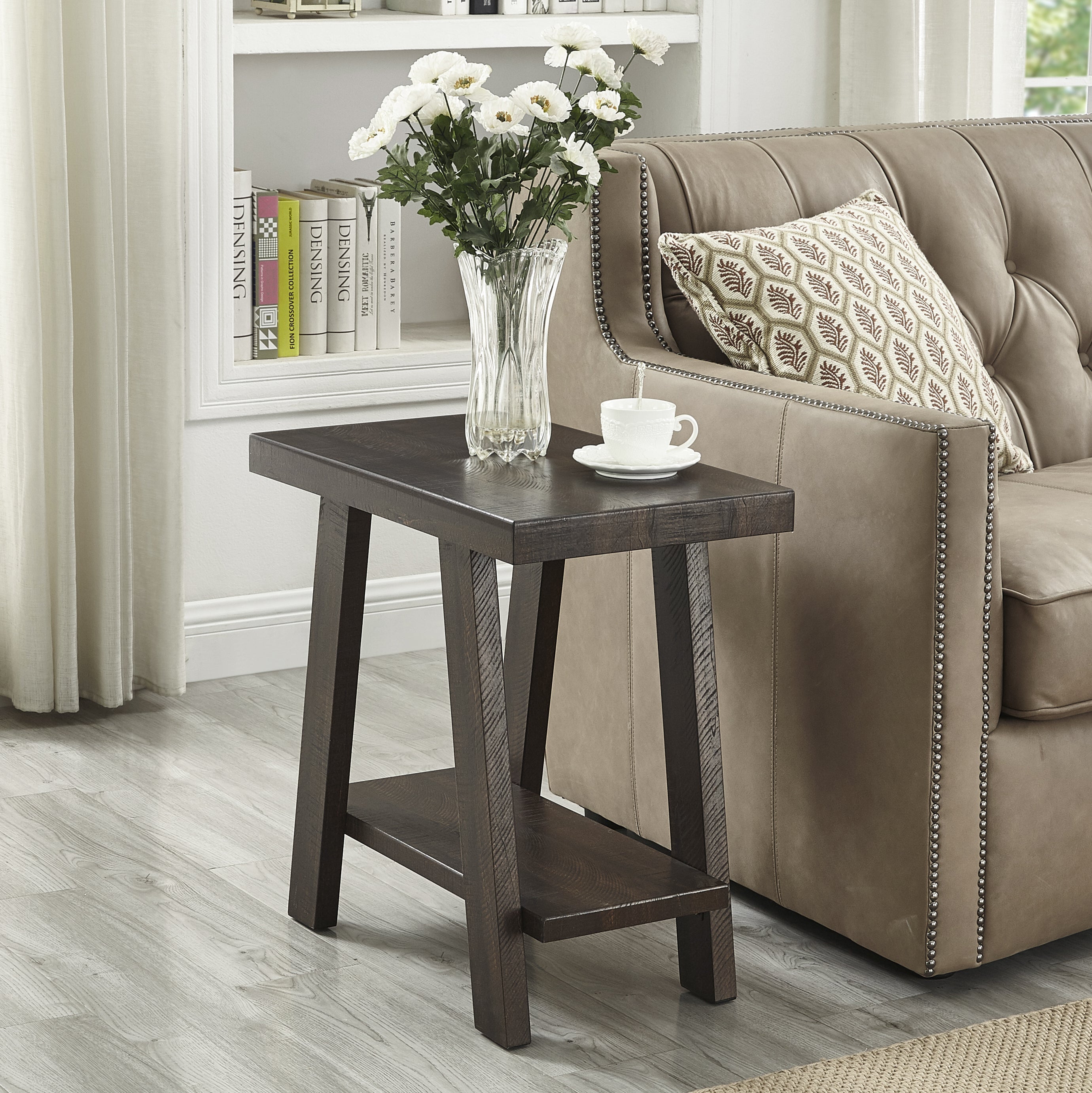 Roundhill Furniture Athens Contemporary Wood Shelf Side Table in Weathered Espresso - Modern End Table for Living Room, Bedroom & Office - Stylish Storage Solution for Books, Plants & Decor