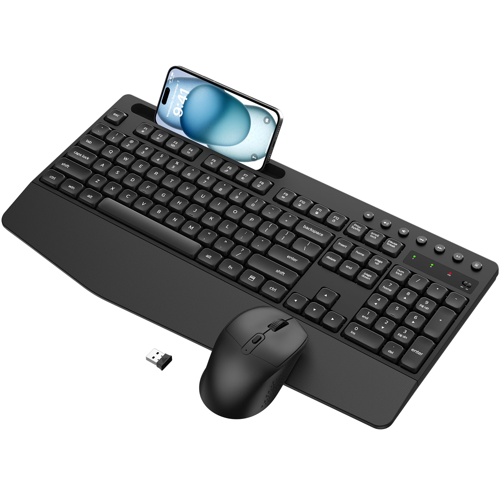 Ergonomic Wireless Keyboard and Mouse Combo with Palm Rest & Phone Holder - Full-Size Quiet Design for Comfortable Typing - Compatible with Windows, Mac, PC, Laptop (Black) - Perfect for Office Work, Gaming & Home Computing