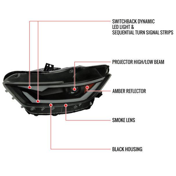 2015-2017 Ford Mustang & 2018-2020 Mustang Shelby LED Headlight Kit - HID/Xenon Switchback Sequential Turn Signals with Projector & Matte Black Smoke Lens - Upgrade for Night Driving & Enhanced Style