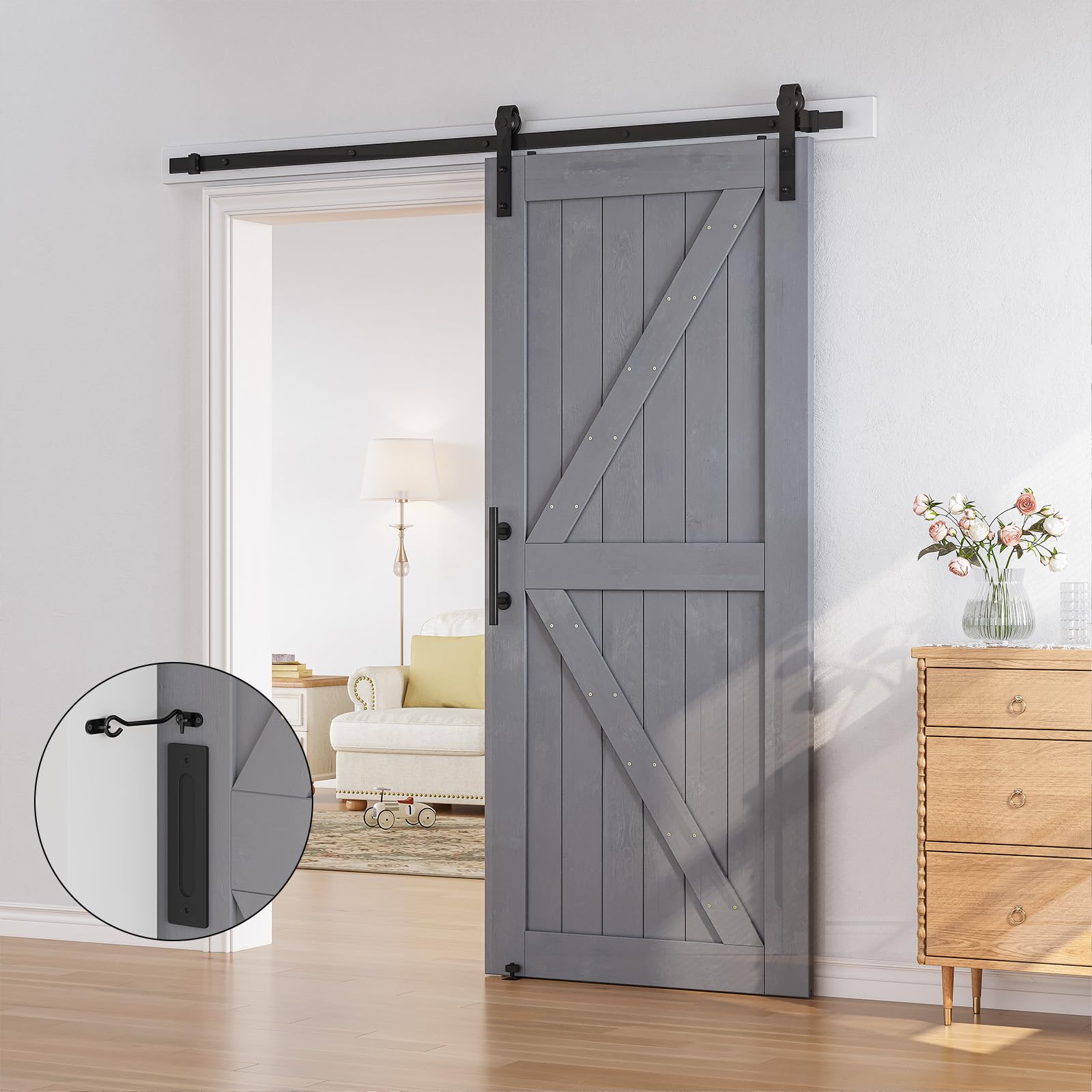 SMARTSTANDARD 36x84 Inch Sliding Barn Door Kit with 6.6ft Hardware & Handle - Unfinished Solid Spruce Wood Panel, Pre-Drilled K-Frame Design, Easy DIY Assembly (Grey) - Perfect for Bedroom, Closet, or Farmhouse Style Home Decor