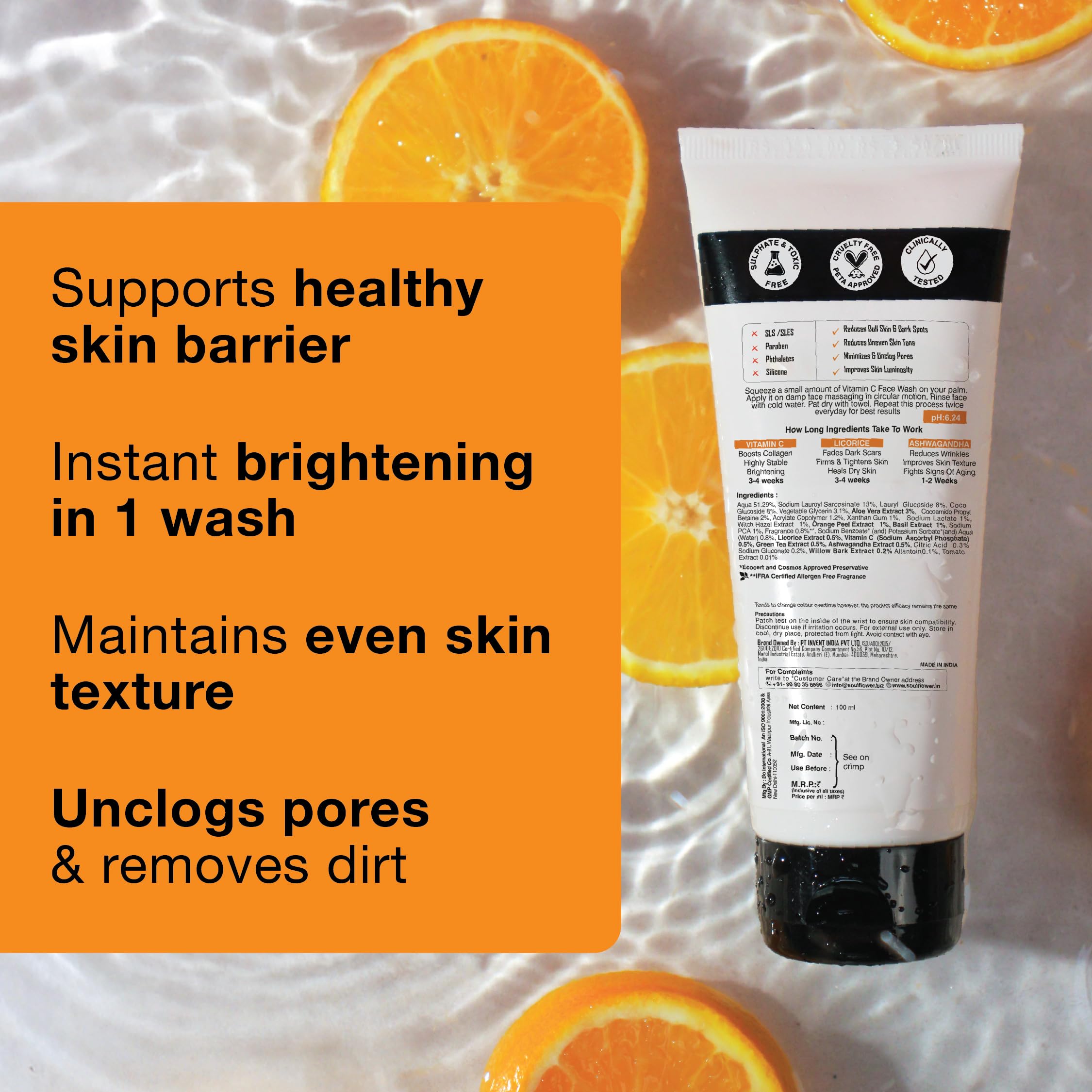 Soulflower Vitamin C Face Wash for Glowing Skin - Deep Cleansing Facial Cleanser with Green Tea, Aloe Vera, Orange & Licorice Extract | 100ml | For Men & Women | Brightening, Anti-Aging & Hydrating | Perfect for Daily Skincare Routine & Acne-Prone Skin