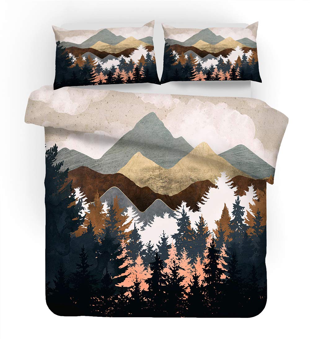REALIN Hawthorn Bedding 3D Duvet Cover Set - Japan Forest Mountain River Design - 2/3/4PCS Quilt Cover, Sheets & Pillow Shams - Twin/Full/Queen/King Size (Full-200x229cm-4PCS) - Soft & Breathable for Cozy Bedroom Decor, Guest Room, and Vacation Homes