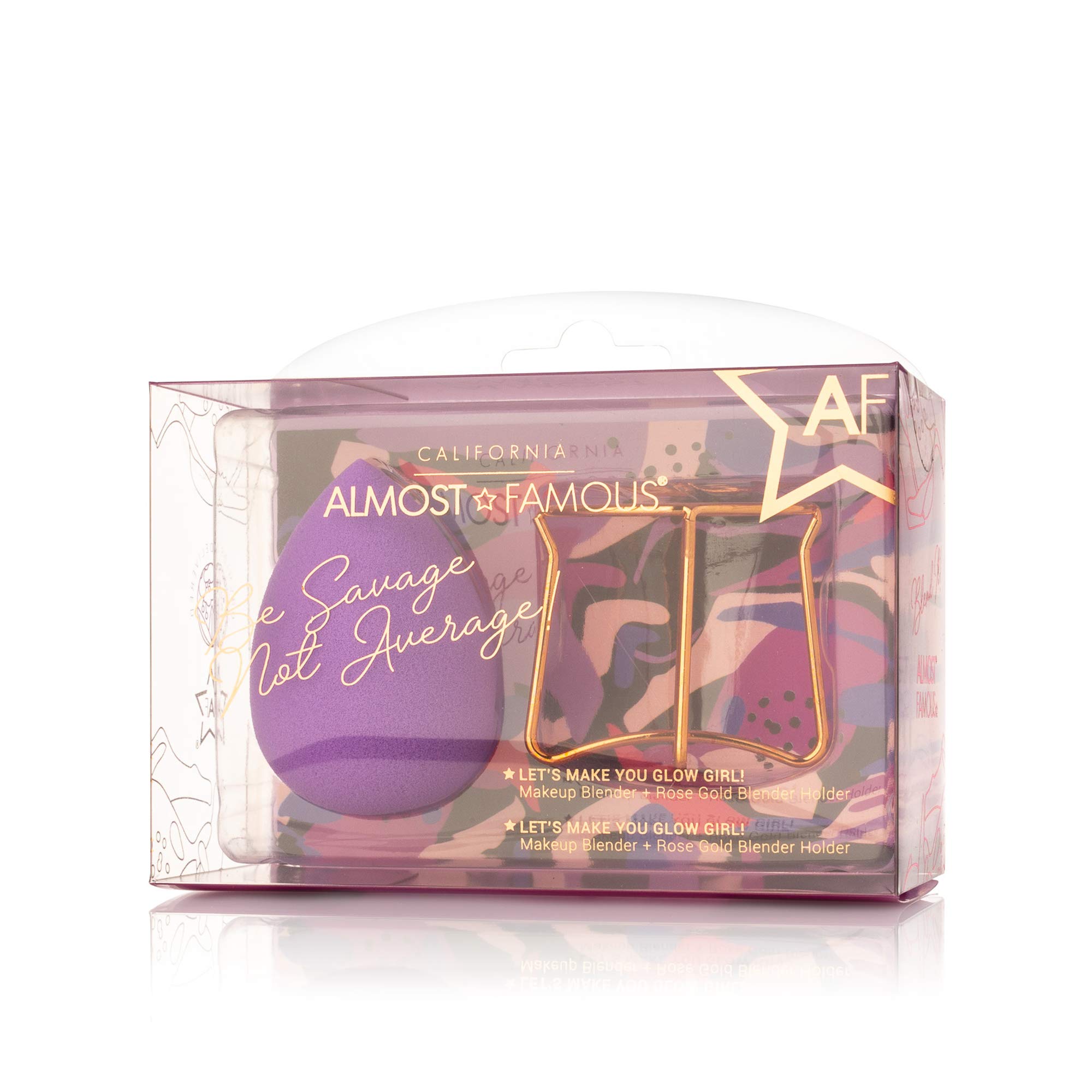 Almost Famous Professional Beauty Sponge Makeup Blender - Soft Foundation Blending Sponge for Flawless Coverage with Rose Gold Holder (Purple) | Ideal for Liquid, Cream & Powder Makeup Application