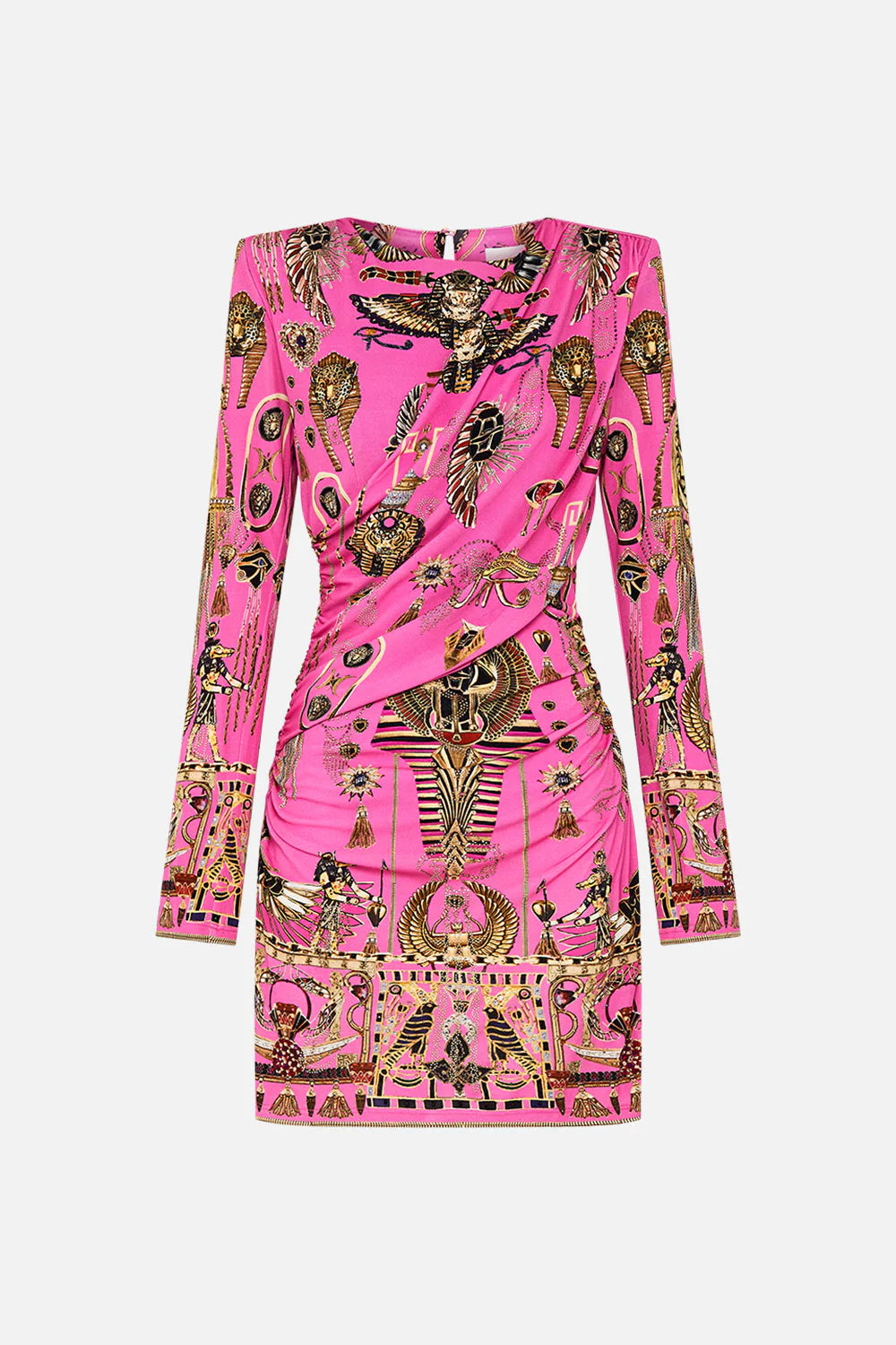 Elegant Asymmetrical Draped Long Sleeve Short Dress - Song of the Scarab Collection | Perfect for Cocktail Parties, Date Nights & Special Occasions