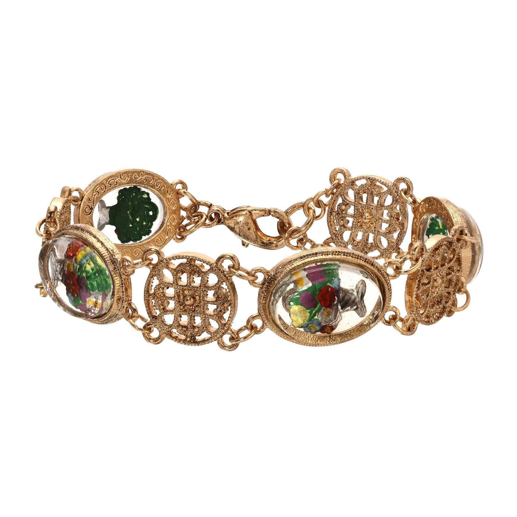 Vintage 1928 Jewelry Meso Round Intricate Filigree & Mixed Flower Bouquet German Glass Link Bracelet - Perfect for Weddings, Parties & Special Occasions