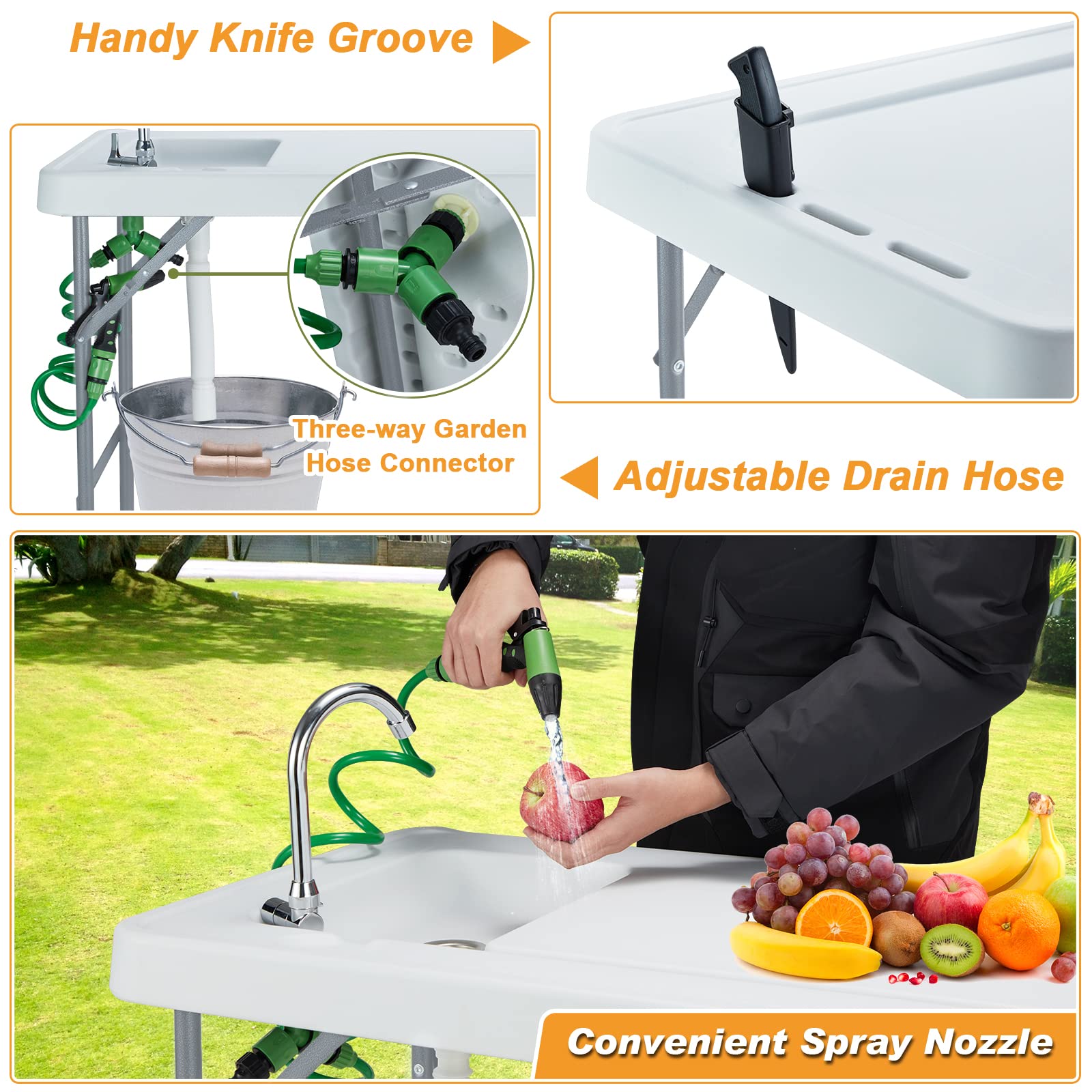 Portable Folding Fish Cleaning Table with Faucet, Drain Hose & Sprayer - Outdoor Camping Sink Station with Grid Rack & Knife Groove - Perfect for Fishing, Picnics, RV Trips & Backyard Fish Fillet Prep, Grey