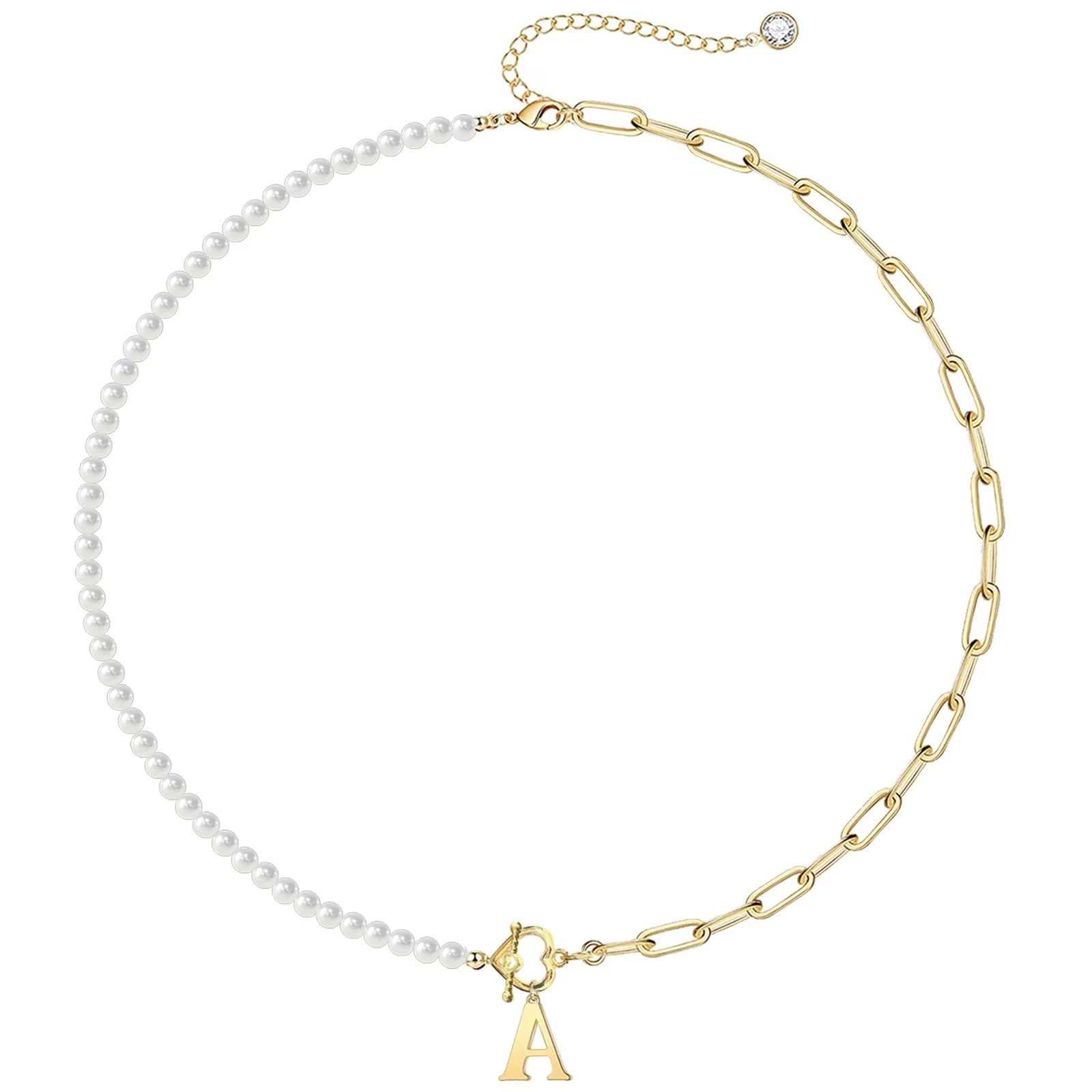 14K Gold Plated Initial Pearl Necklace for Women - Trendy Dainty Paperclip Chain, Handmade Shell Pearl Choker with Custom Letter Pendant | Perfect Gift for Girls, Birthday, Anniversary & Everyday Elegance