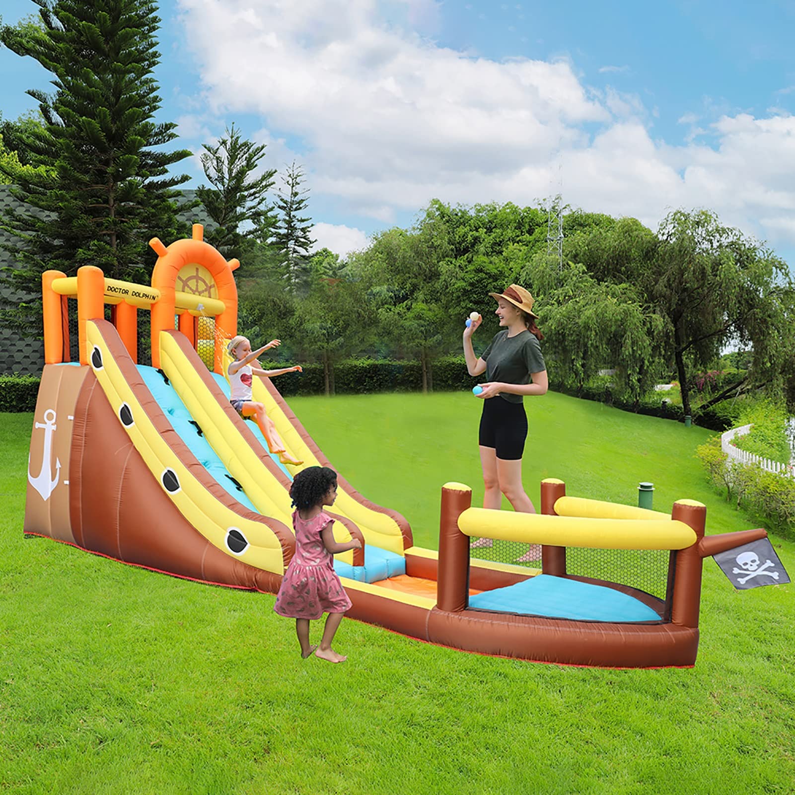**Inflatable Bounce House Pirate Ship for Kids - Double Water Slide, Climbing Wall, Trampoline & Ball Pool - Outdoor Backyard Play for Birthday Parties & Summer Fun**
