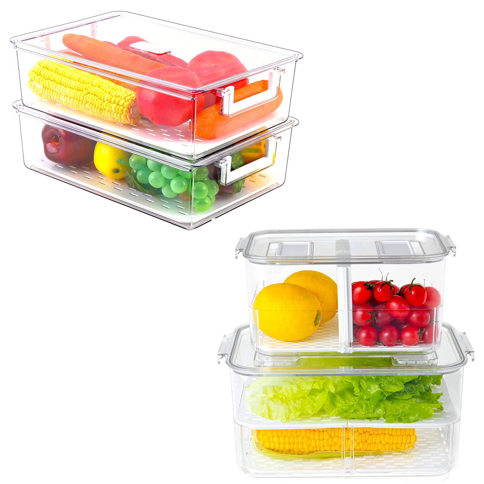REFSAVER Stackable Refrigerator Food Storage Containers - 4 Pack BPA-Free Fridge Organizer Bins for Vegetables, Fruits, Snacks | Perfect for Kitchen, Pantry & Meal Prep Organization