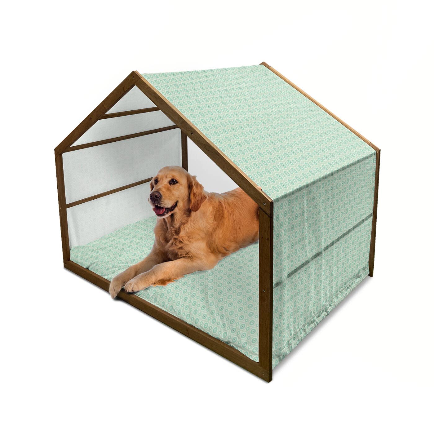 Ambesonne Mint Wooden Dog House - Large Indoor & Outdoor Portable Pet Kennel with Pillow & Cover, Vintage Pastel Colors, Symmetrical Circle Design - Perfect for Backyard, Patio, or Home Use (2X-Large, Mint & Pale Green)