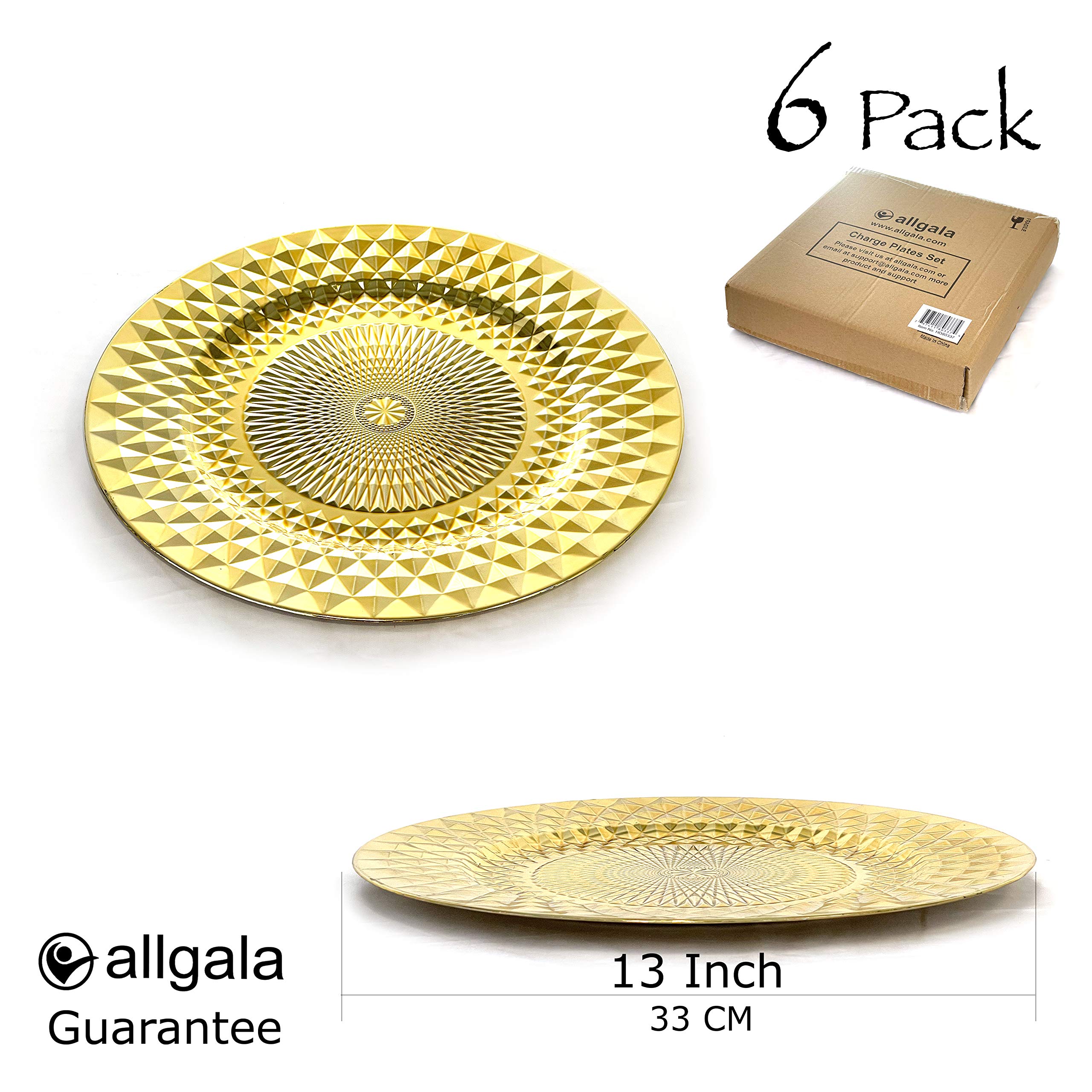 Allgala 13-Inch 6-Pack Heavy Duty Plastic Diamond Pattern Sparkling Gold Charger Plates - Elegant Wedding & Formal Dining Plates for Special Occasions, Dinner Parties, and Holiday Celebrations