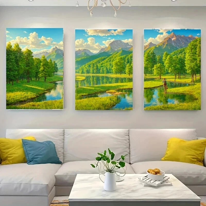 3-Piece Scenic Landscape River & White Wolf Metal Wall Art Prints - Ready to Hang Home Decor for Living Room, Bedroom & Office