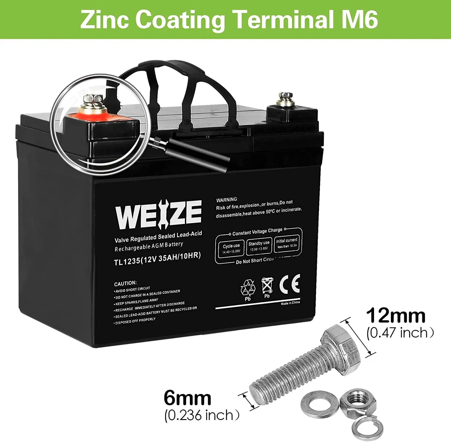 WEIZE 12V 35Ah Deep Cycle AGM Battery for Solar Power, RV, Marine & Off-Grid Applications - Maintenance-Free SLA Battery with Long Lifespan
