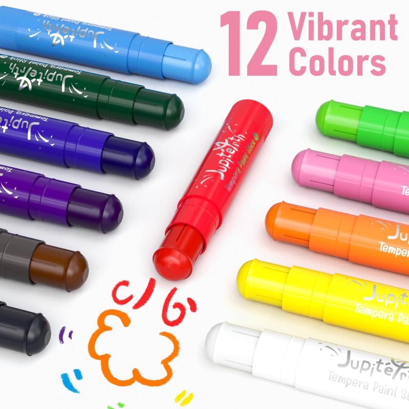 12 Colors Quick Drying Non-Toxic Washable Paint Sticks for Kids - Smooth Solid Tempera Art Supplies with 120 PDF Coloring Pages & 30 Stickers - Perfect for Toddler Drawing, Classroom Activities & DIY Art Projects