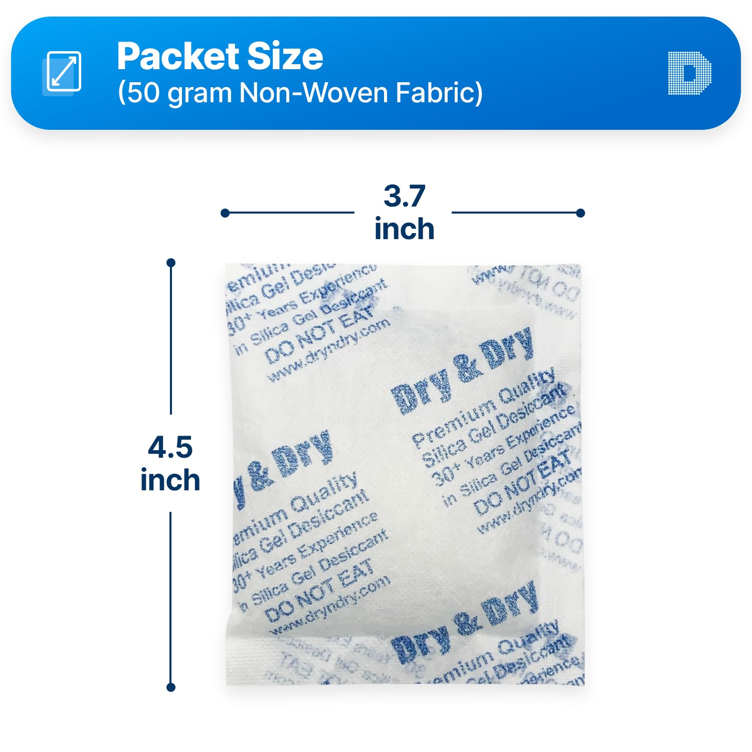 Dry & Dry 50 Gram [400 Packets] Rechargeable Silica Gel Desiccant Packs for Food Storage, Moisture Absorber for Closet, Shoes, Electronics & Safe - Bulk Silica Gel Packets for Long-Term Preservation